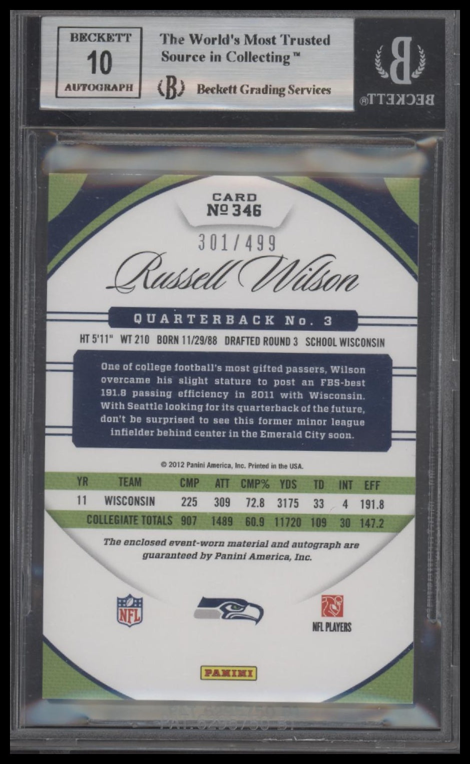 Russell Wilson JSY AU/499 RC 2012 Certified #346 BGS 9.0