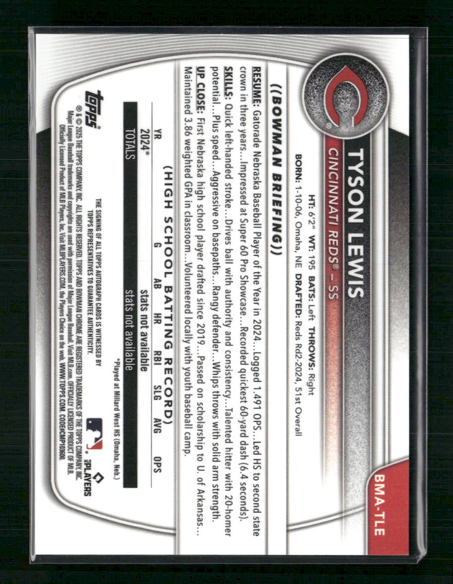 Tyson Lewis 2025 Bowman #BMA-TLE Chrome Prospects Auto Blue /150