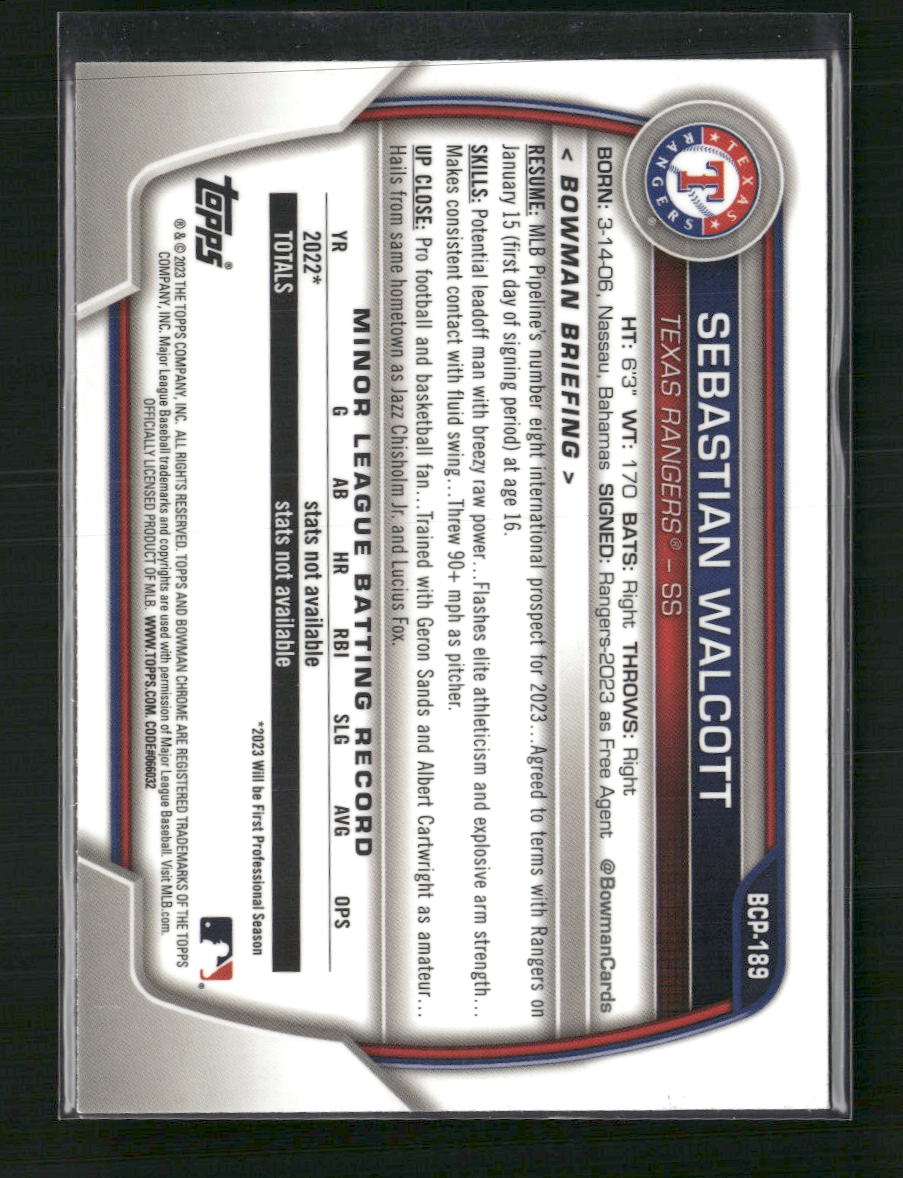 Sebastian Walcott 2023 Bowman Chrome #BCP-189 Prospects Mojo Refractor