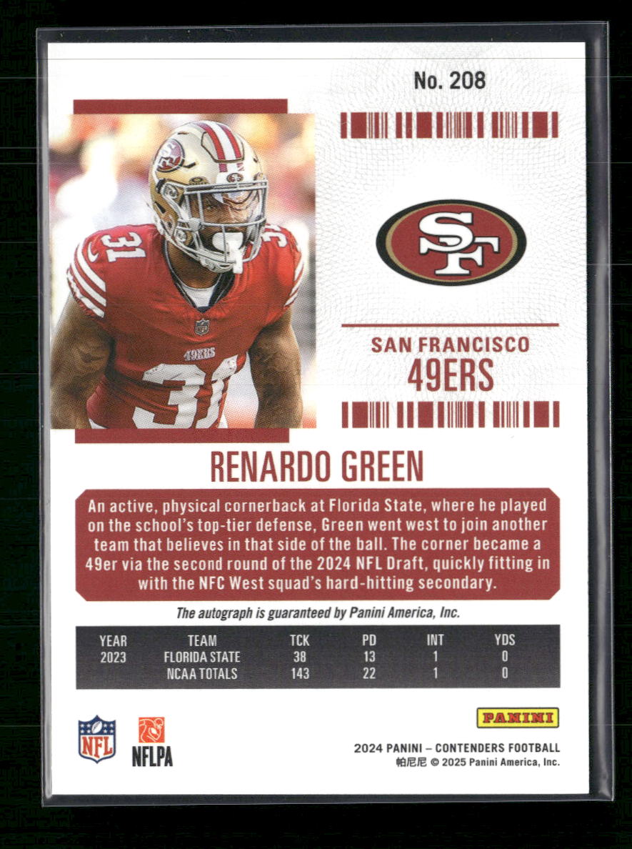 Renardo Green 2024 Panini Contenders #208 - Rookie Ticket Autograph