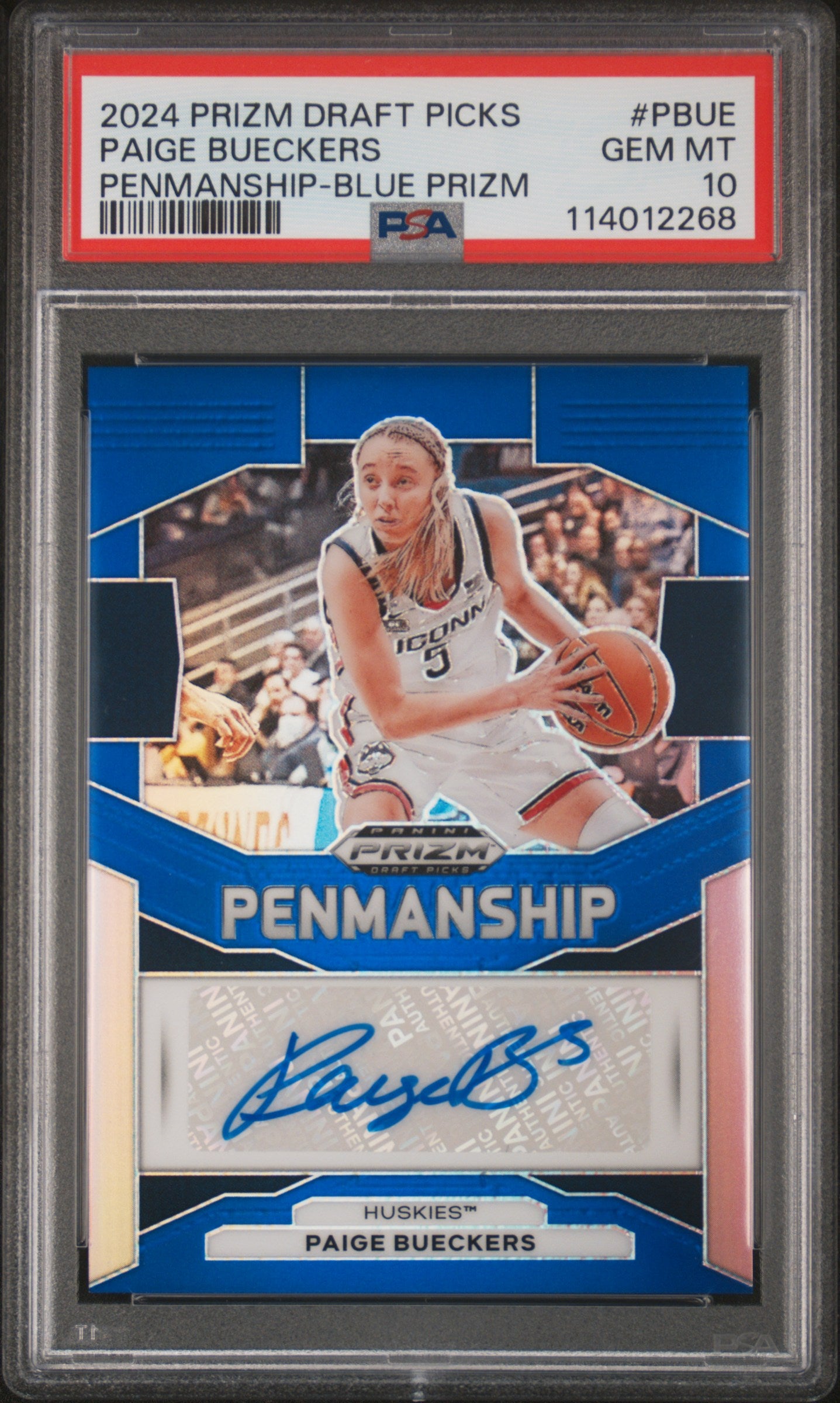 Paige Bueckers 2024 Panini Prizm Draft Picks Penmanship Blue Prizm PSA 10
