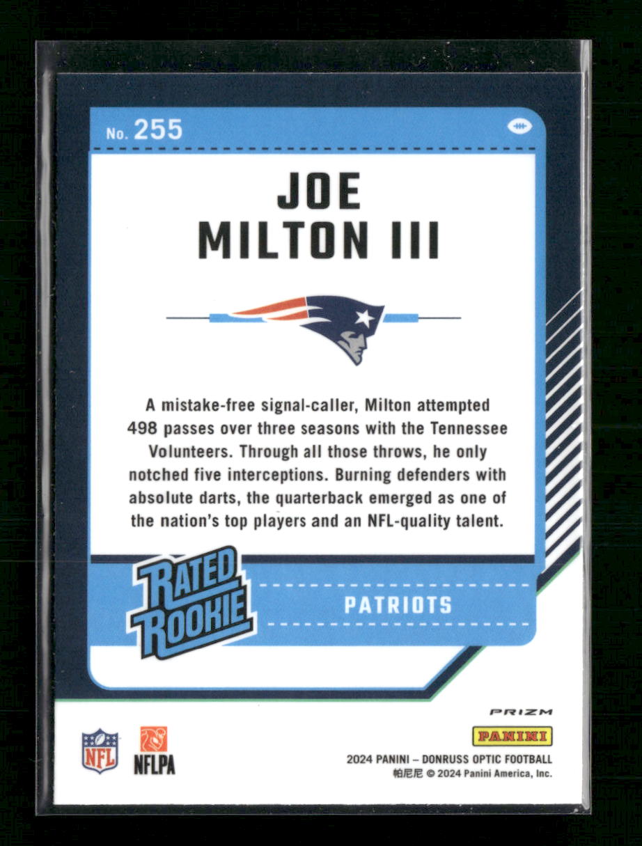 Joe Milton III New England Patriots #255 2024 Donruss Optic Rated Rookie