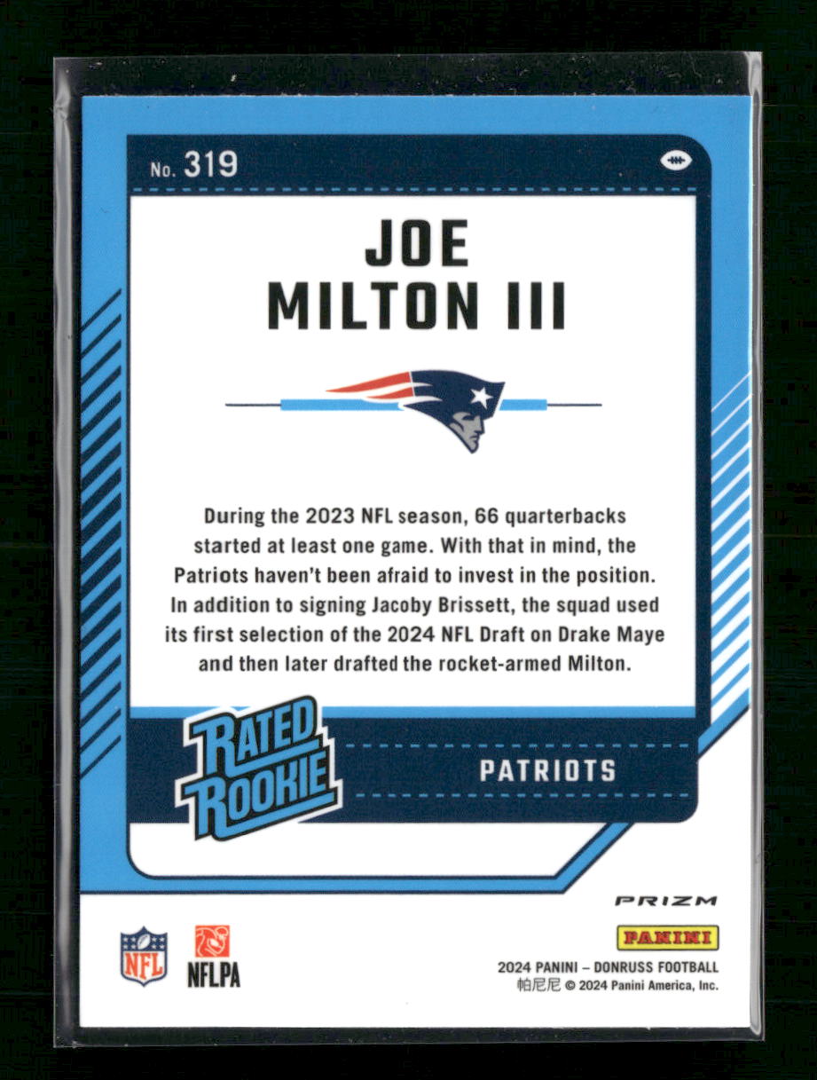 Joe Milton III New England Patriots #319 2024 Donruss Optic Rated Rookie