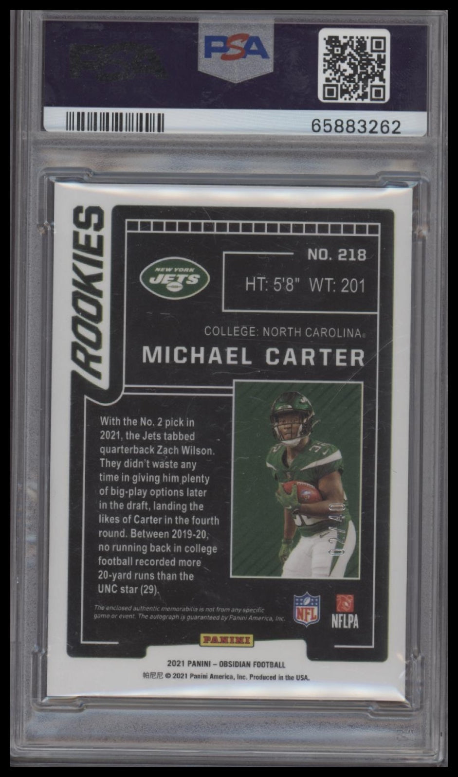 Michael Carter 2021 Panini Obsidian #218 Jersey Auto-E/E-Purple PSA 9