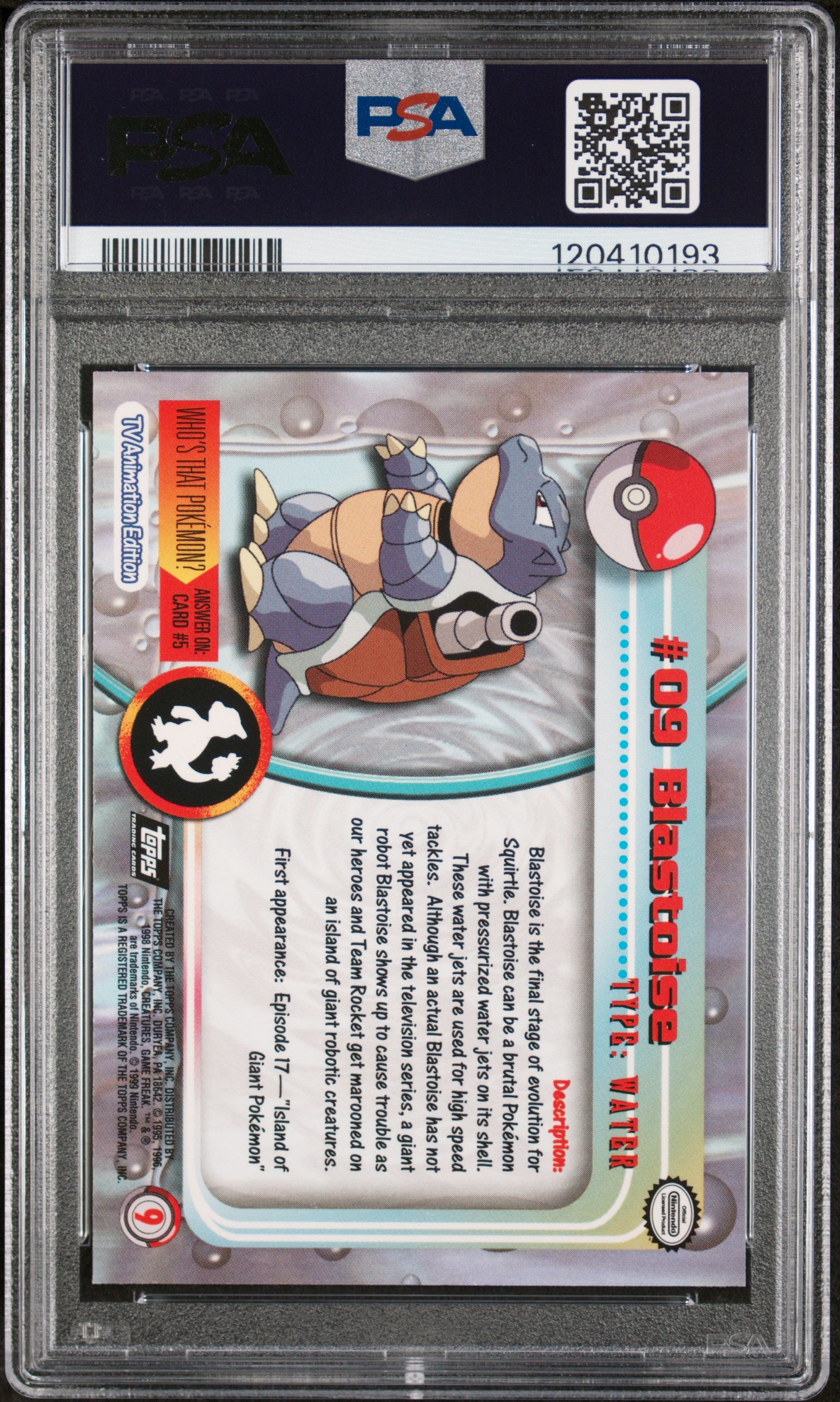 Blastoise 1999 Topps Pokemon Tv #9 PSA 8