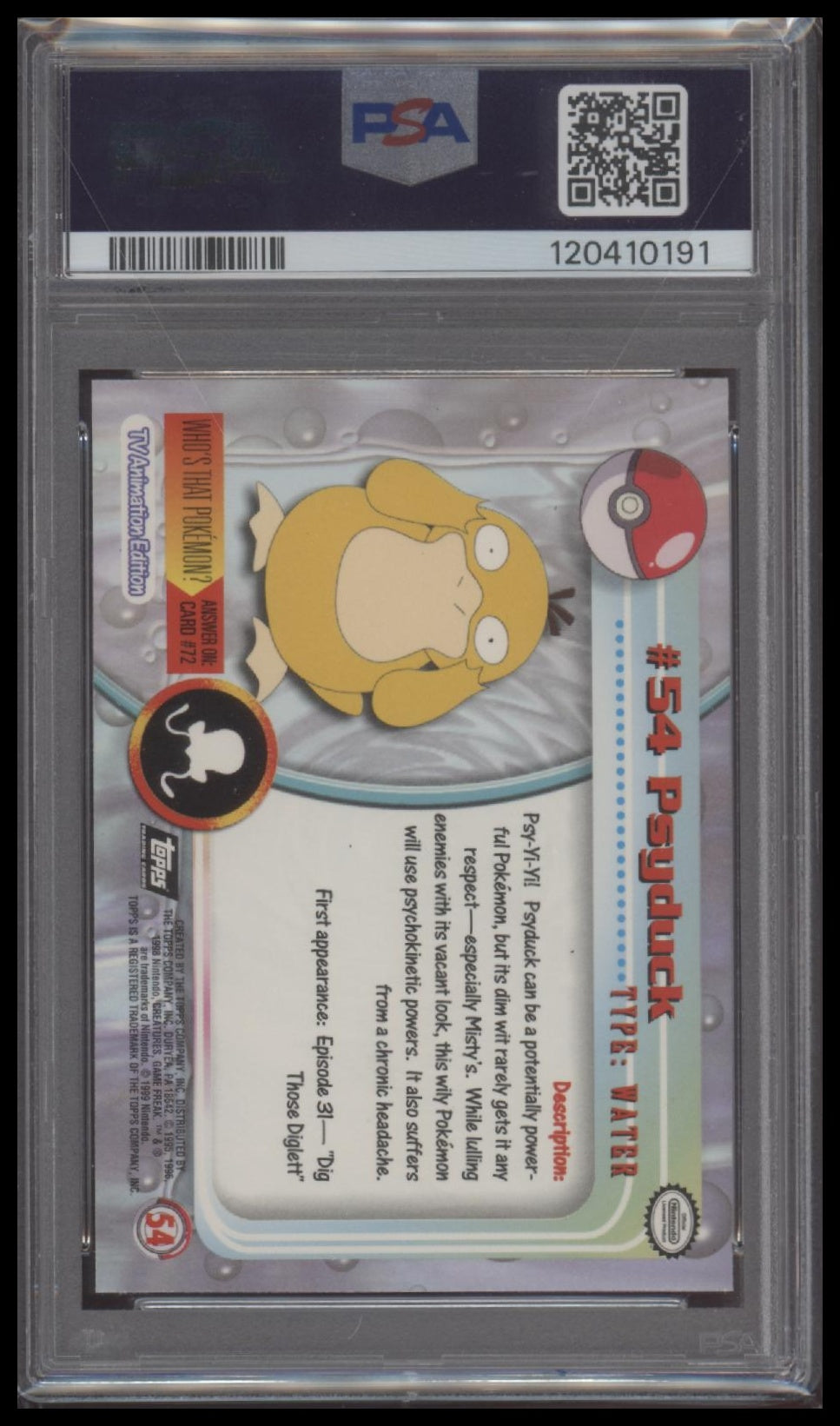 Psyduck 1999 Topps Pokemon Tv #54 Foil PSA 9
