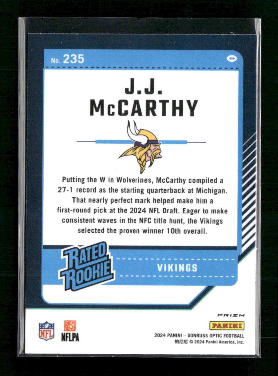 J.J. McCarthy Minnesota Vikings 2024 Donruss Optic Rated Rookie Red “100”