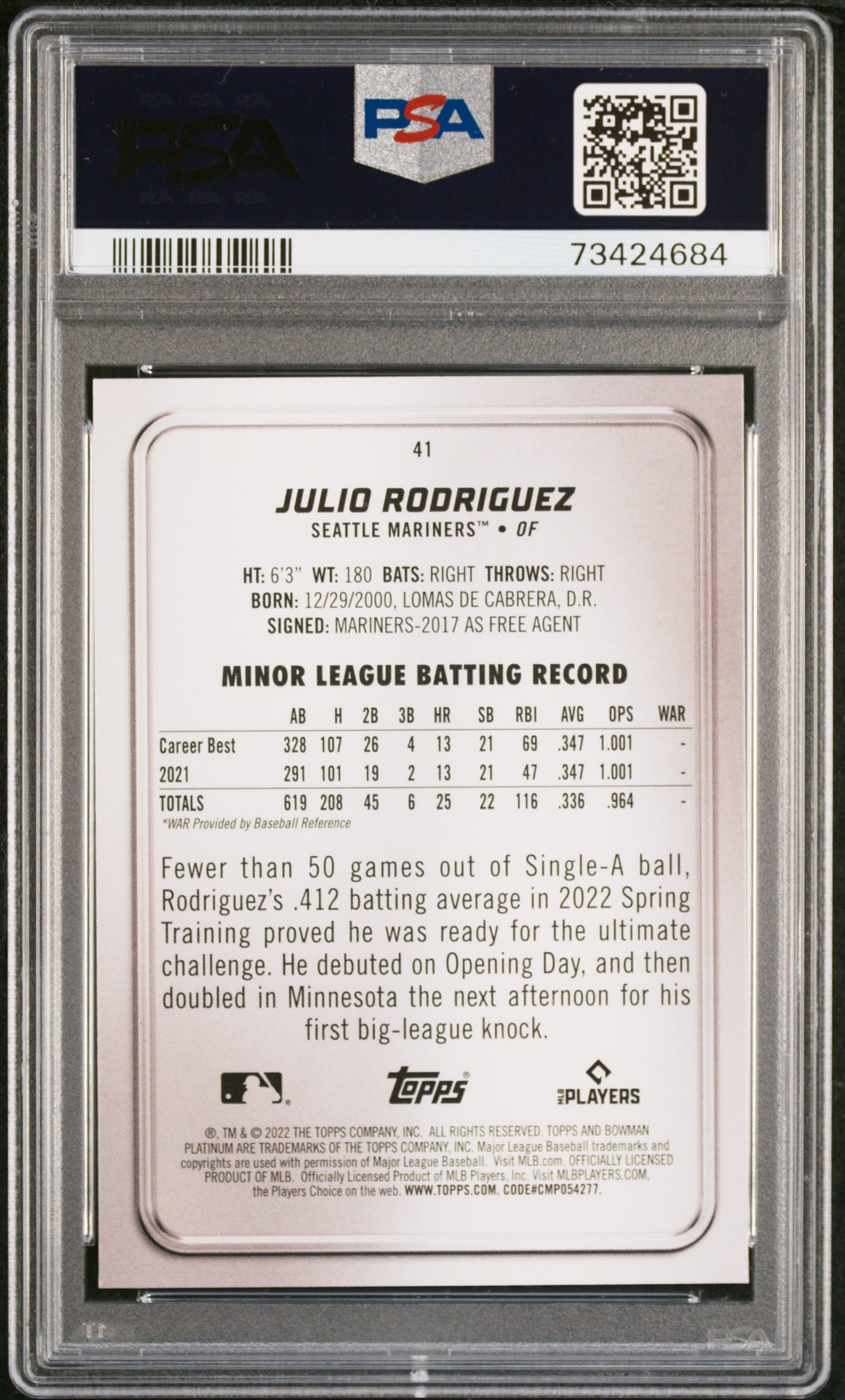 Julio Rodriguez 2022 Bowman Platinum #41 PSA 8