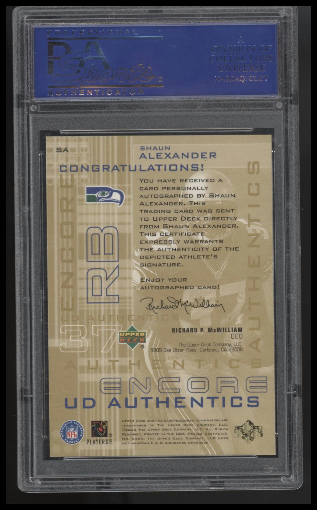 Shaun Alexander 2000 Upper Deck Encore Ud Authentics #SA Ud Authentics PSA 9