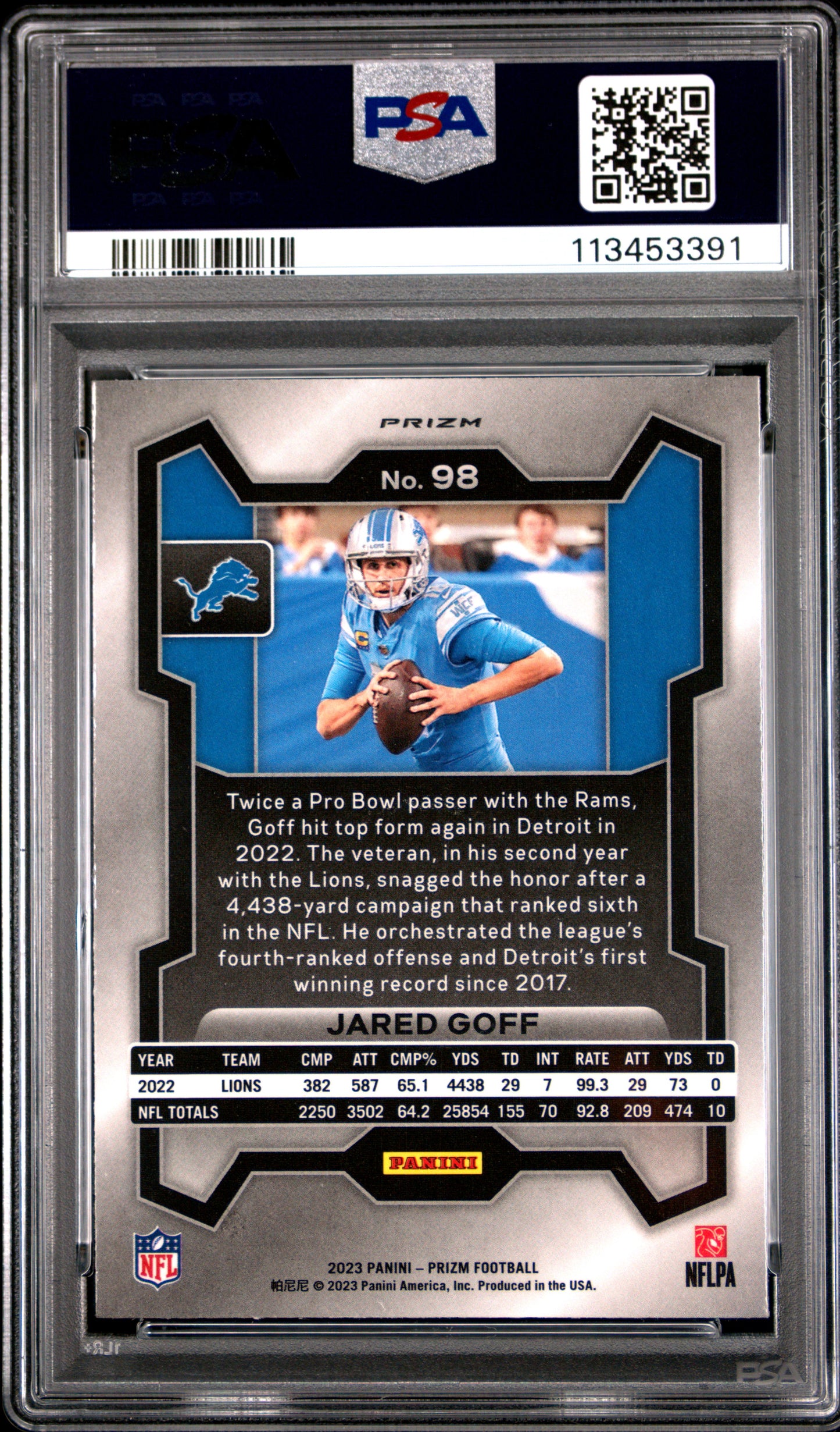 Jared Goff 2023 Panini Prizm #98 Black & White Checker PSA 10