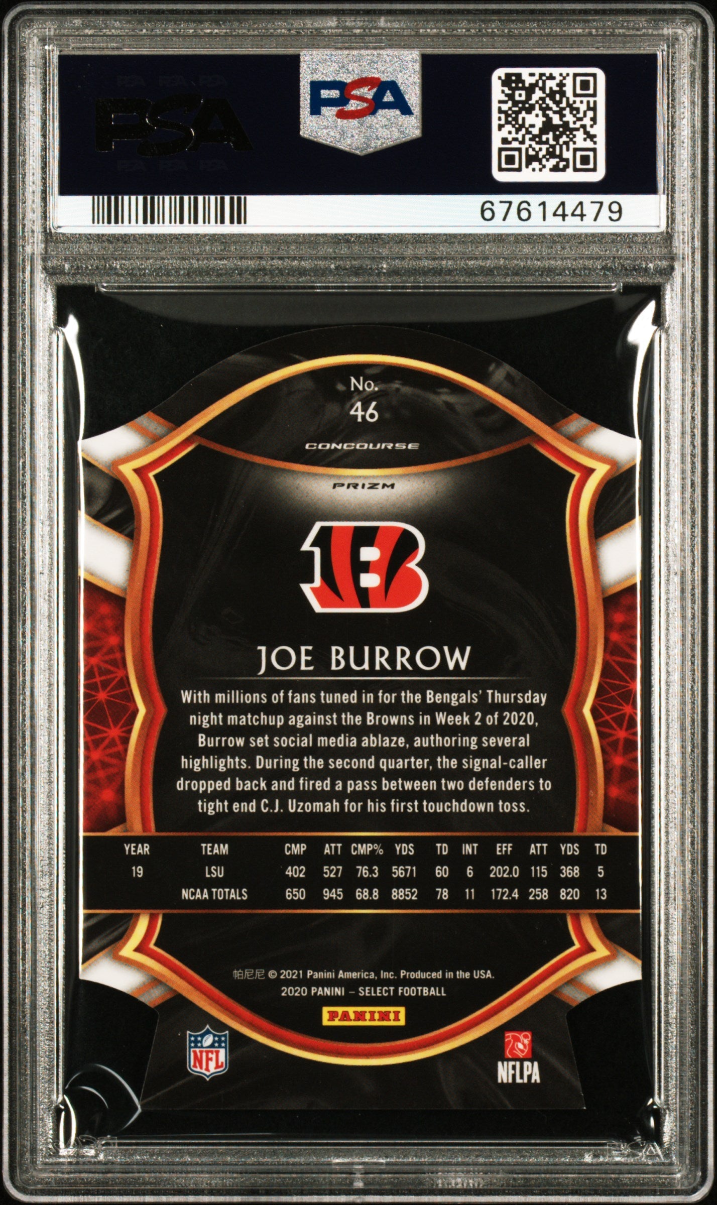 Joe Burrow 2020 Panini Select #46 Die-Cut Purple Prizm PSA 9