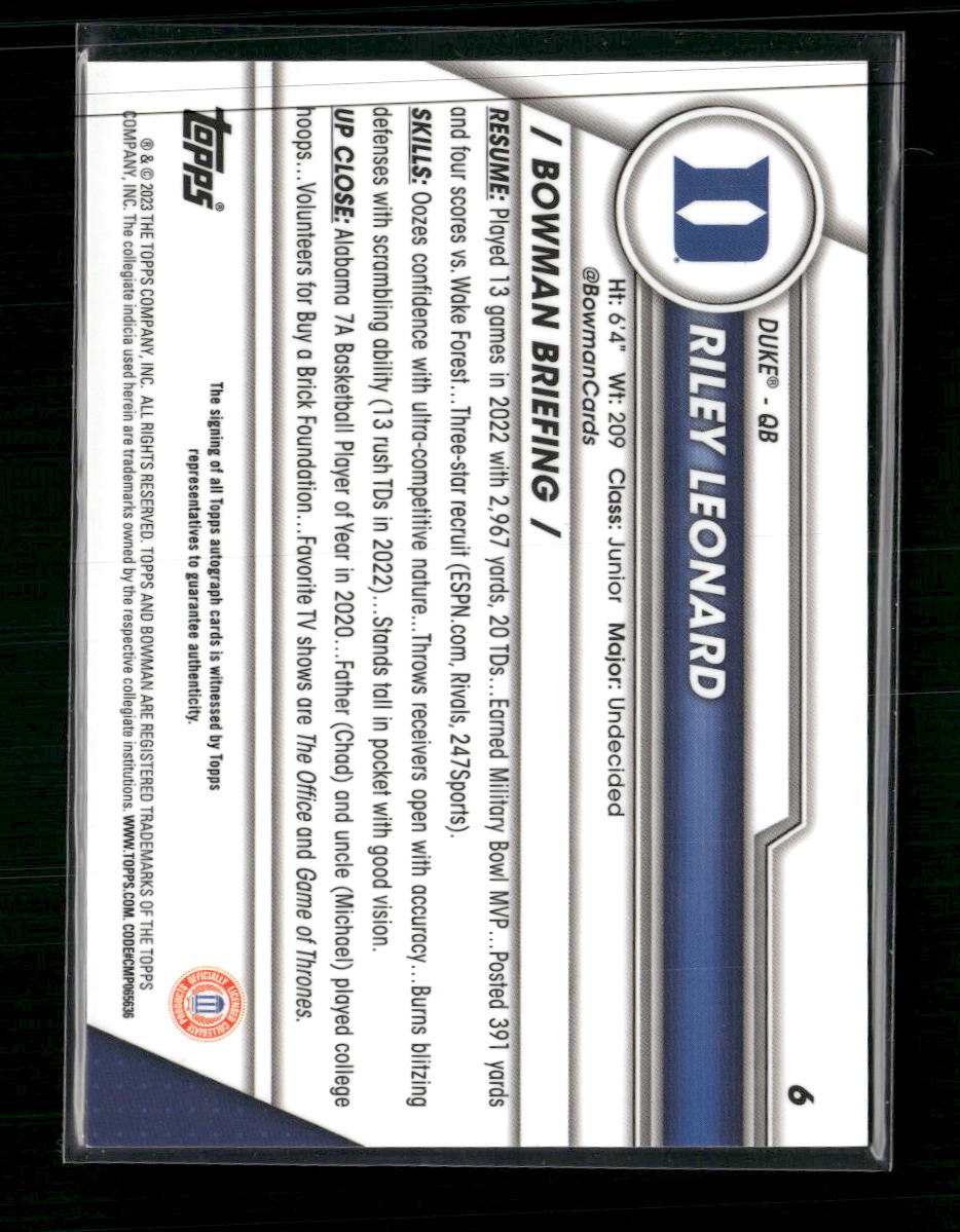 Riley Leonard 2023 Bowman University Chrome #6 Chrome Prospect Autographs