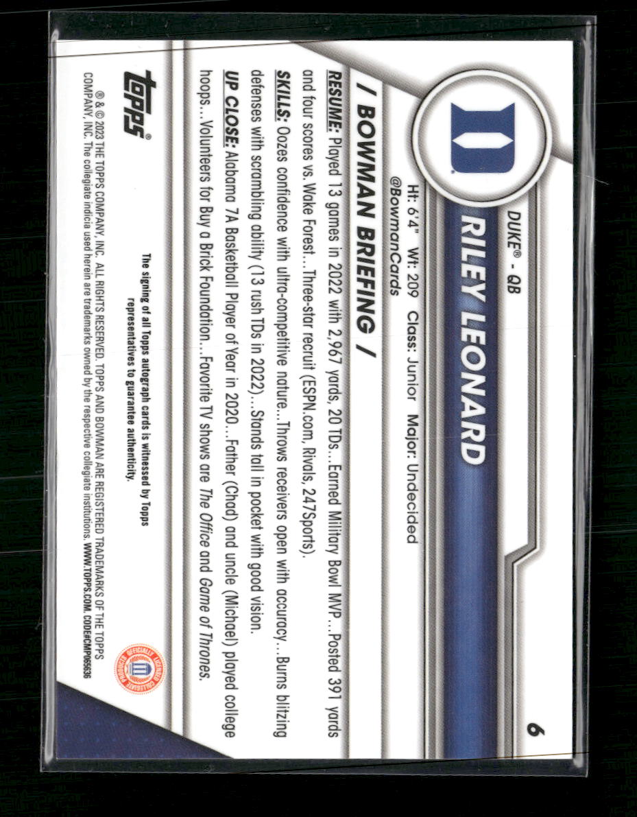 Riley Leonard 2023 Bowman University Chrome #6 Chrome Prospect Autographs