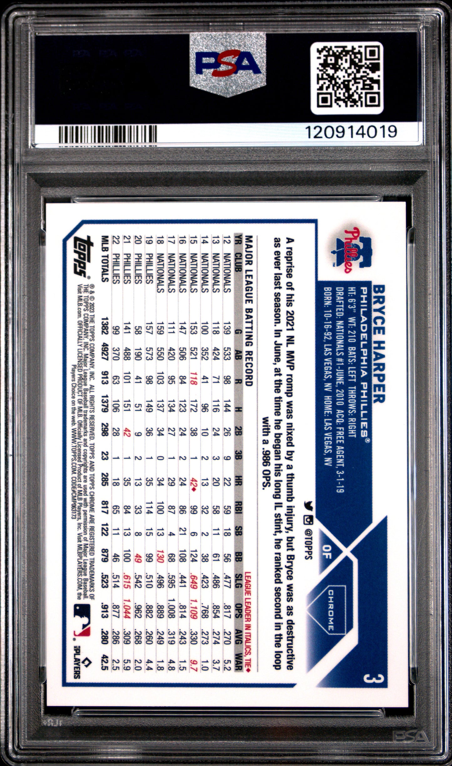 Bryce Harper 2023 Topps Chrome #3 Sp-Green Speckle Refractor PSA 10