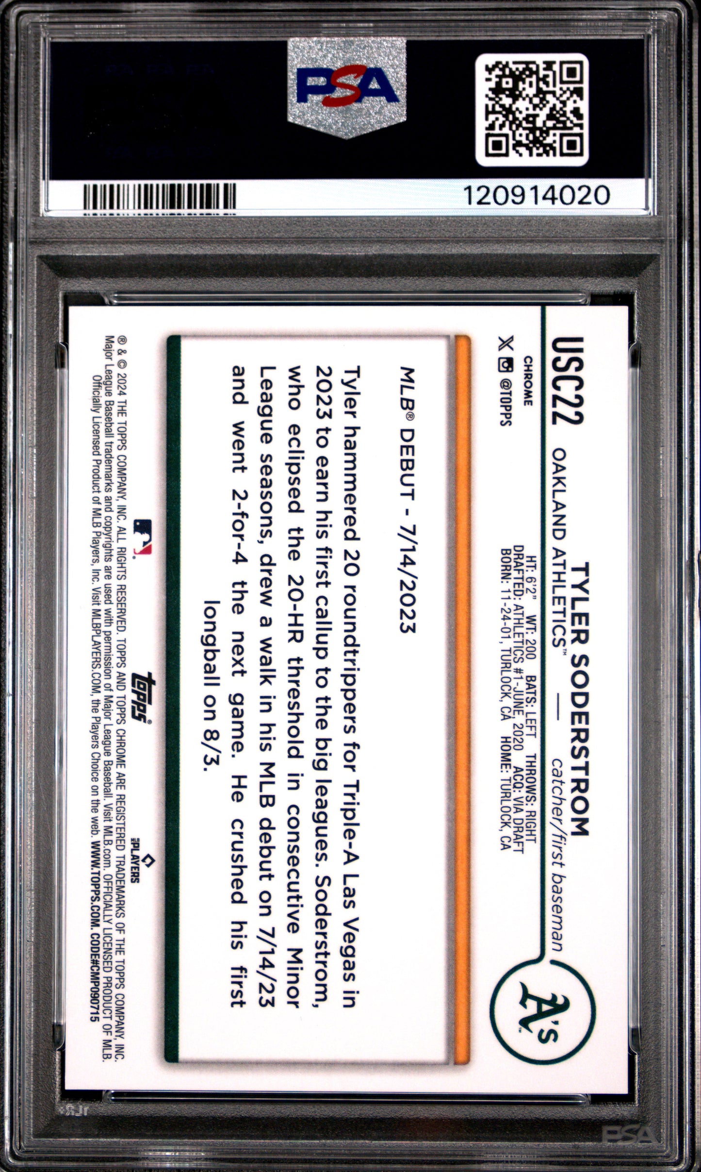 Tyler Soderstrom 2024 Topps Chrome Update #USC22 Black Raywave PSA 10
