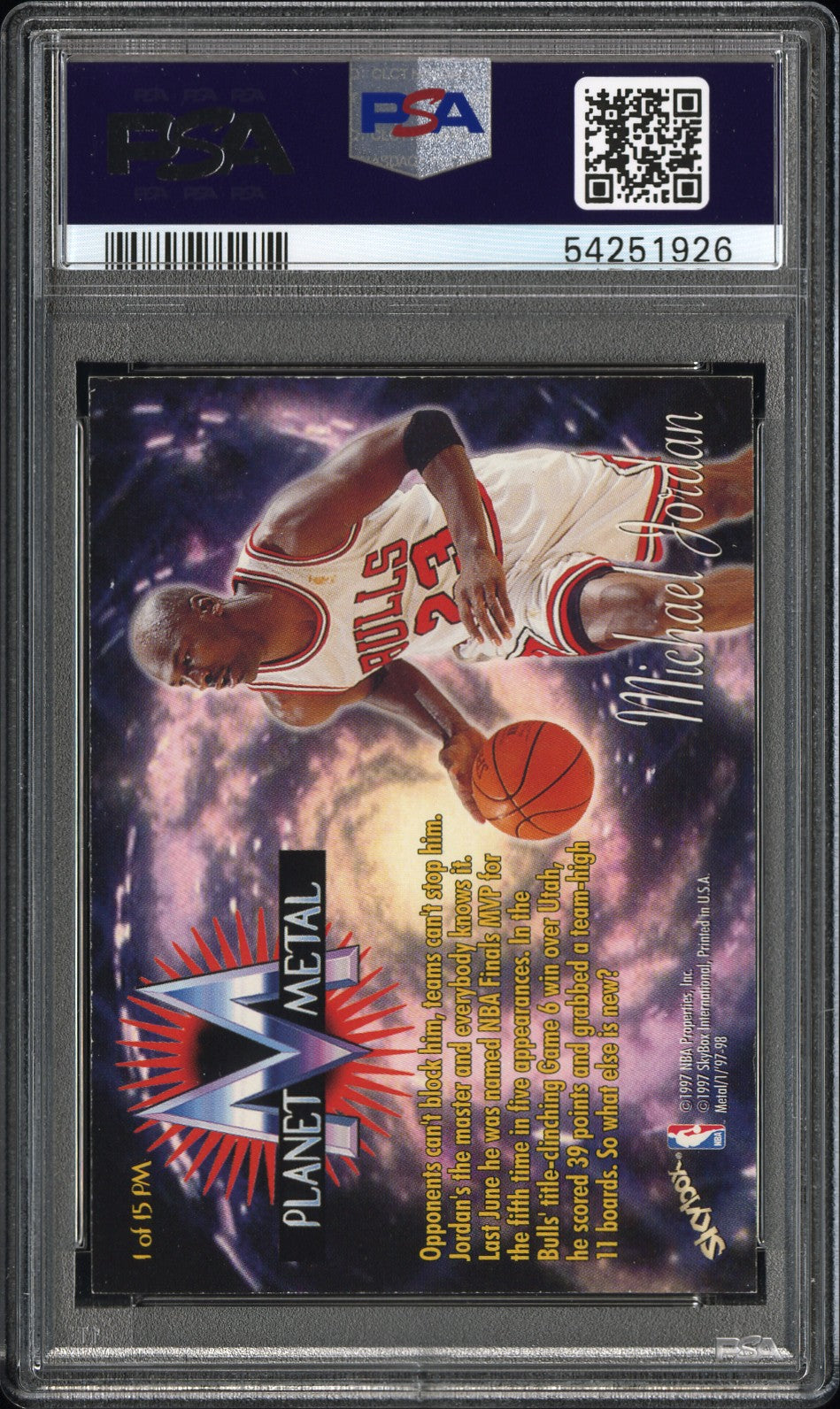 Michael Jordan 1997 Metal Universe Planet Metal #1 Planet Metal PSA 8