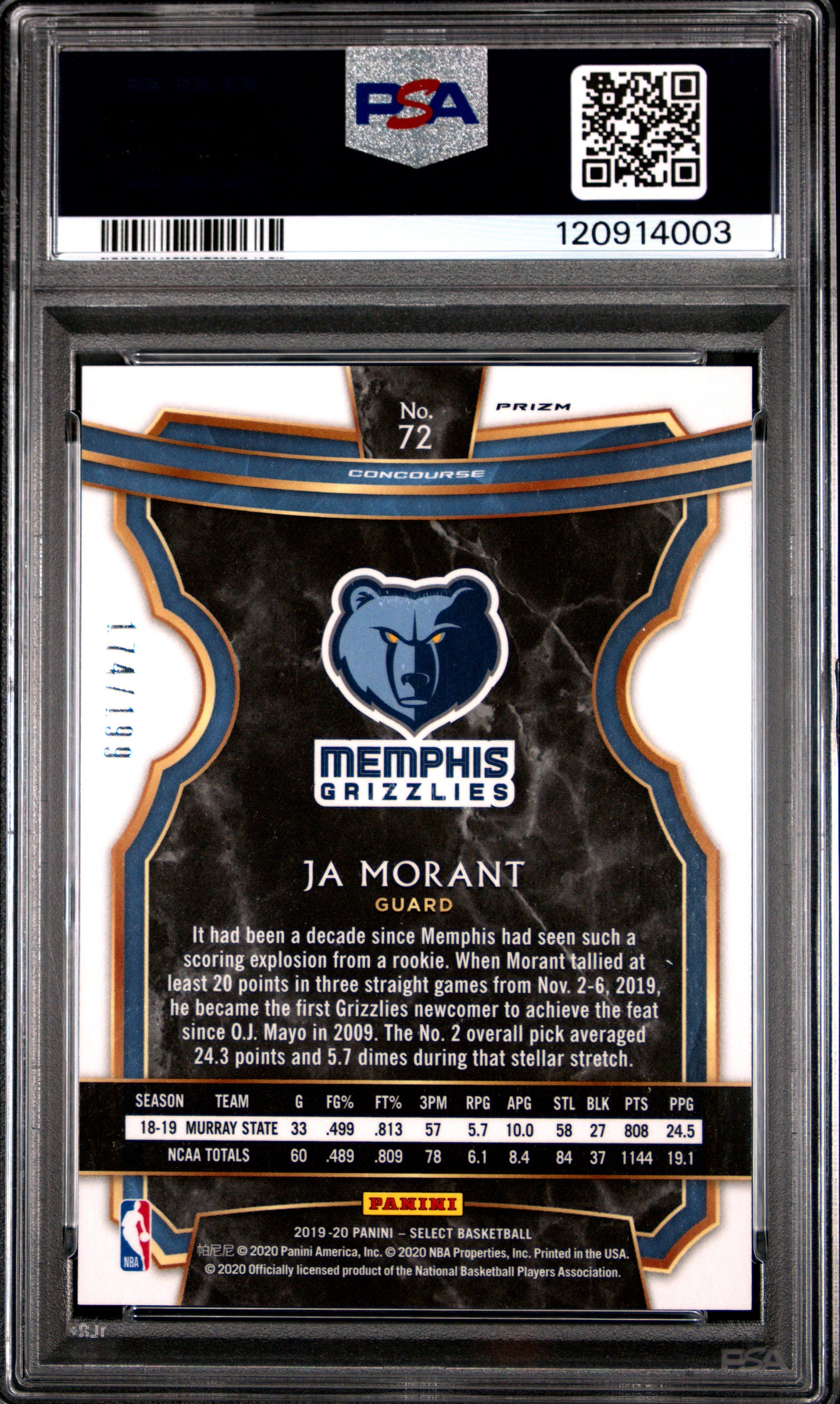 Ja Morant 2019 Panini Select #72 Red Prizm PSA 10