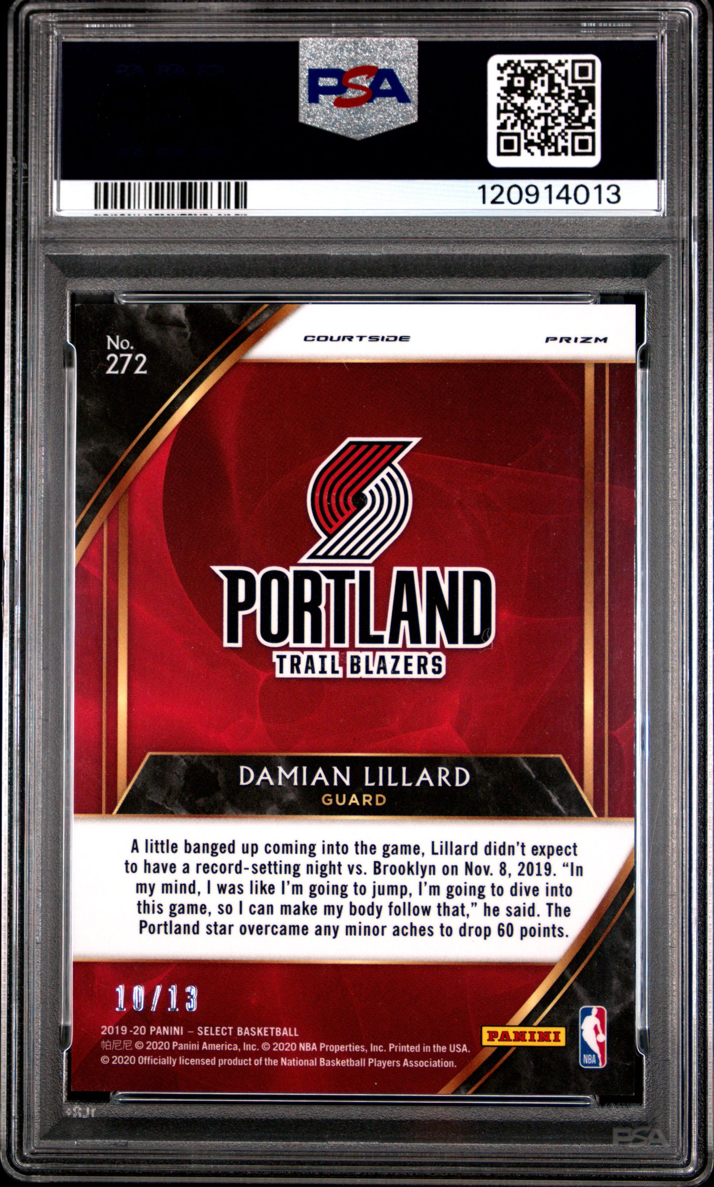 Damian Lillard 2019 Panini Select #272 Neon Orange Pulsar Prizm PSA 9