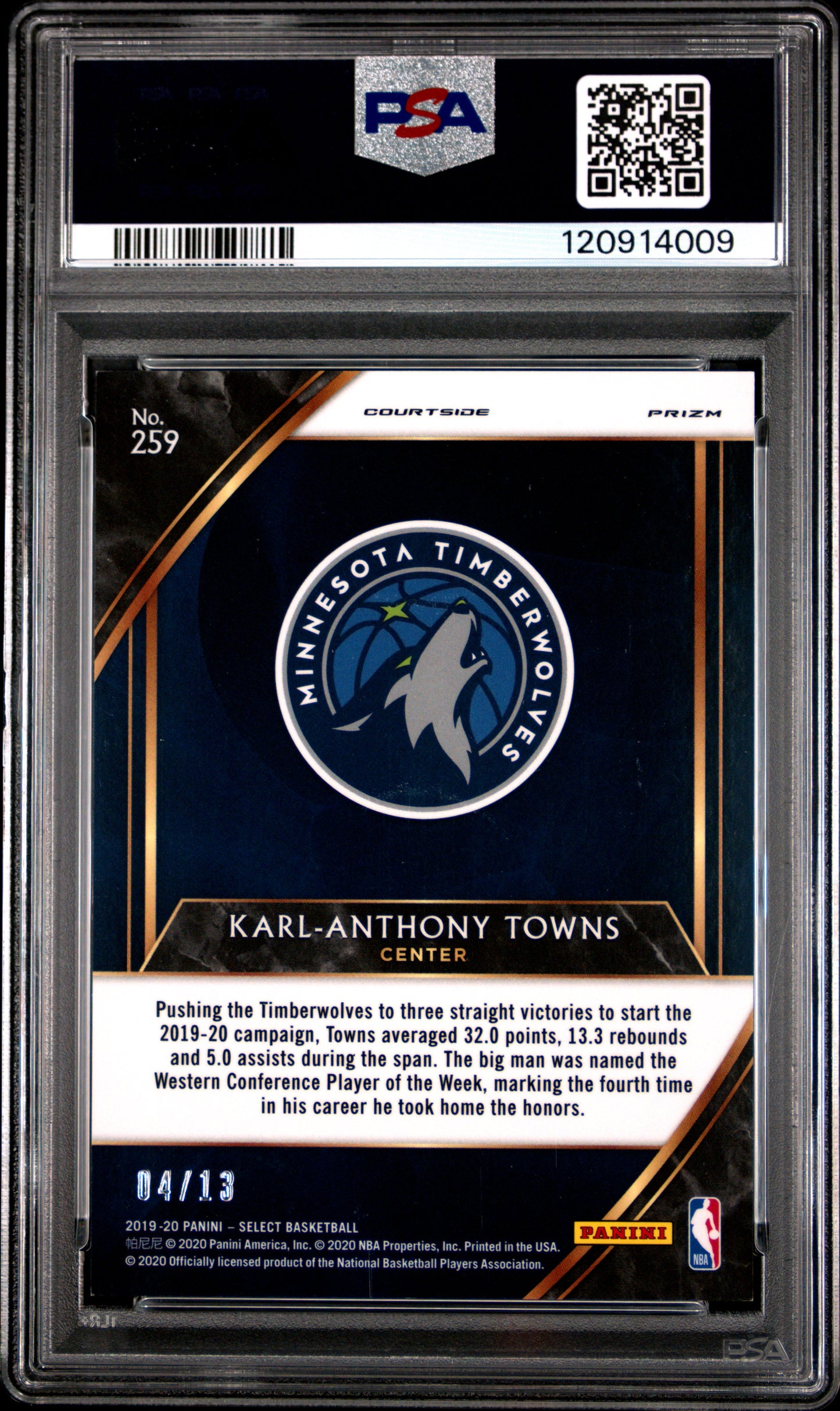 Karl-Anthony Towns 2019 Panini Select #259 Neon Orange Pulsar Prizm PSA 8