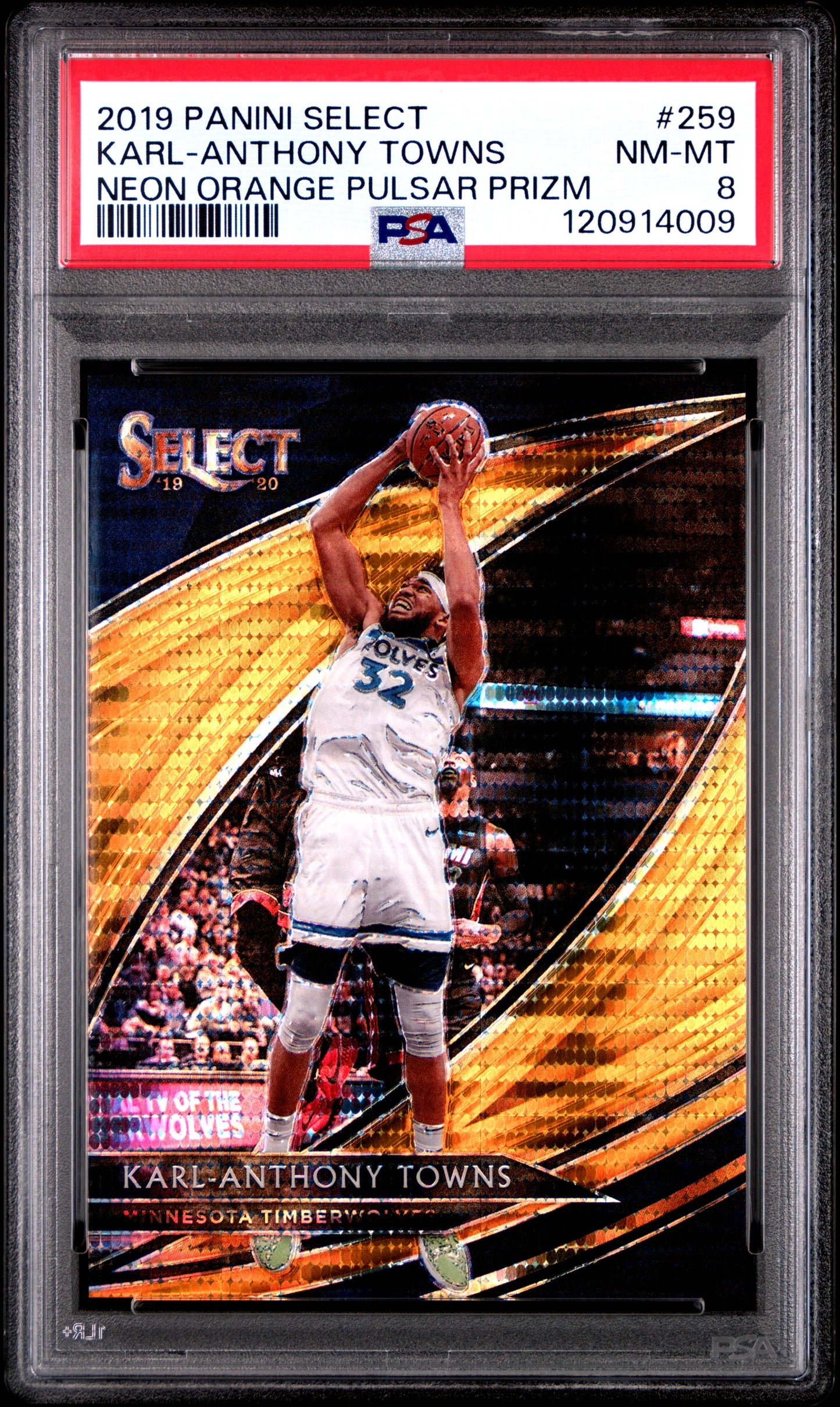Karl-Anthony Towns 2019 Panini Select #259 Neon Orange Pulsar Prizm PSA 8