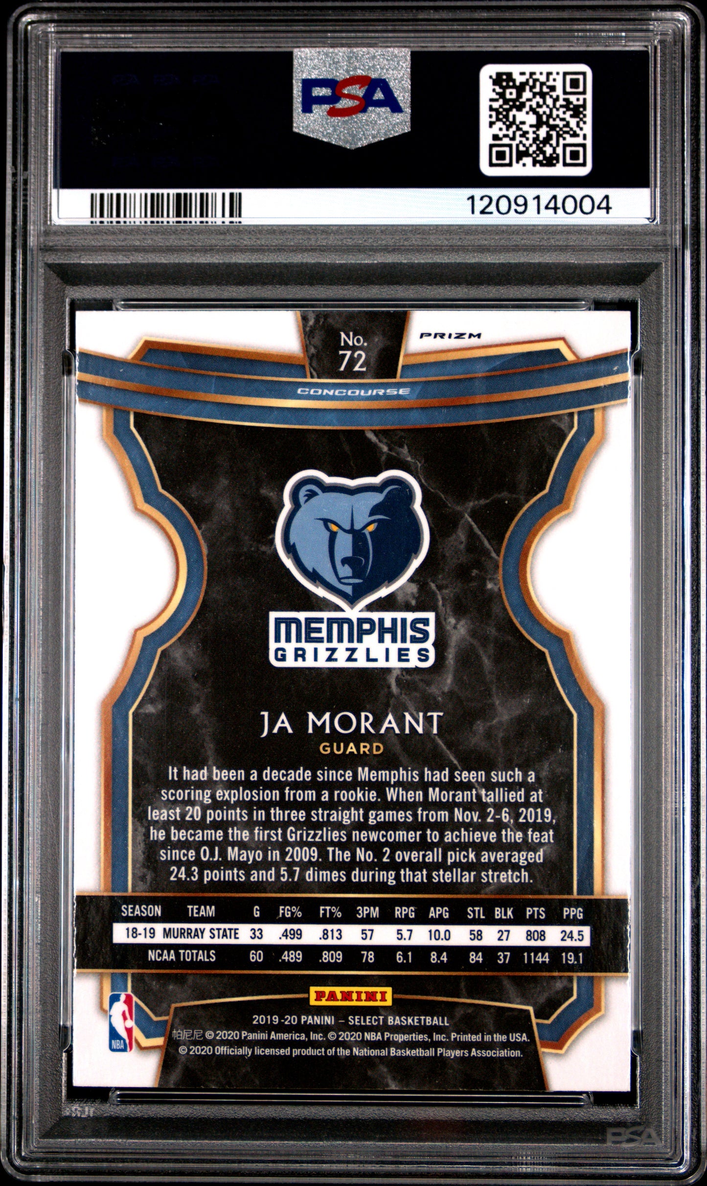 Ja Morant 2019 Panini Select #72 Tri-Color Prizm PSA 10