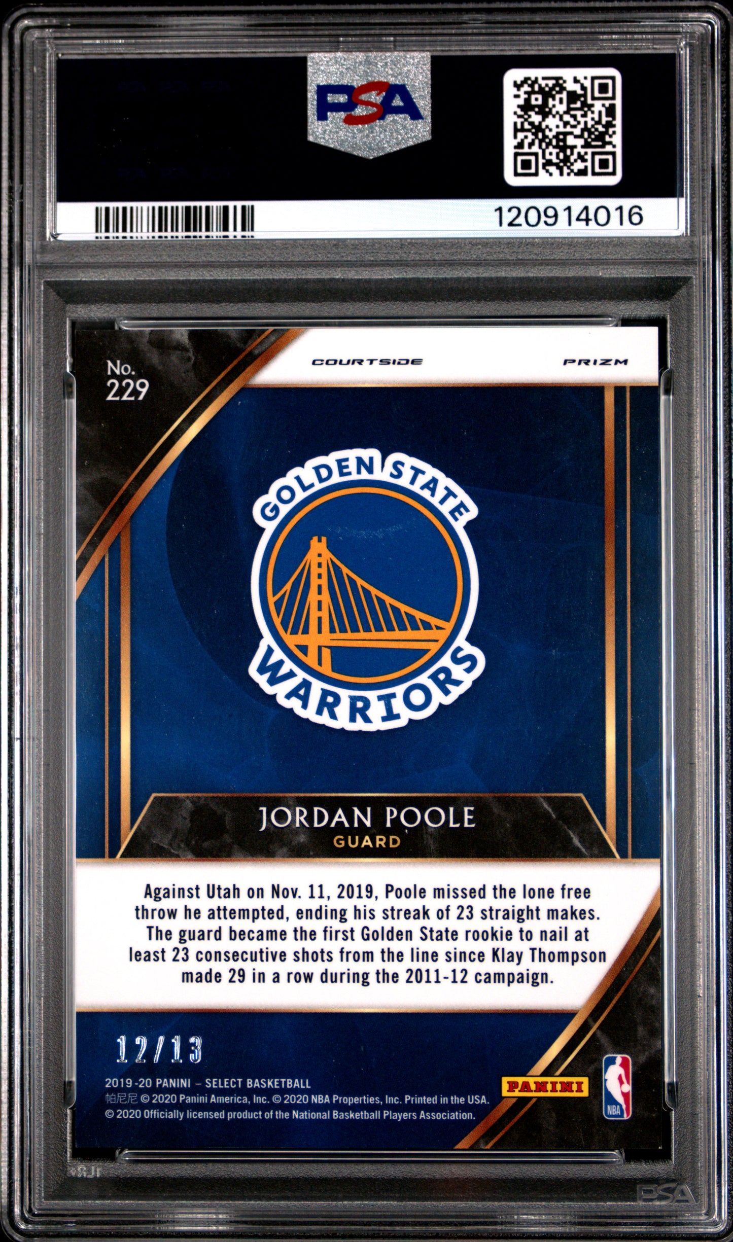 Jordan Poole 2019 Panini Select #229 Neon Orange Pulsar Prizm PSA 9