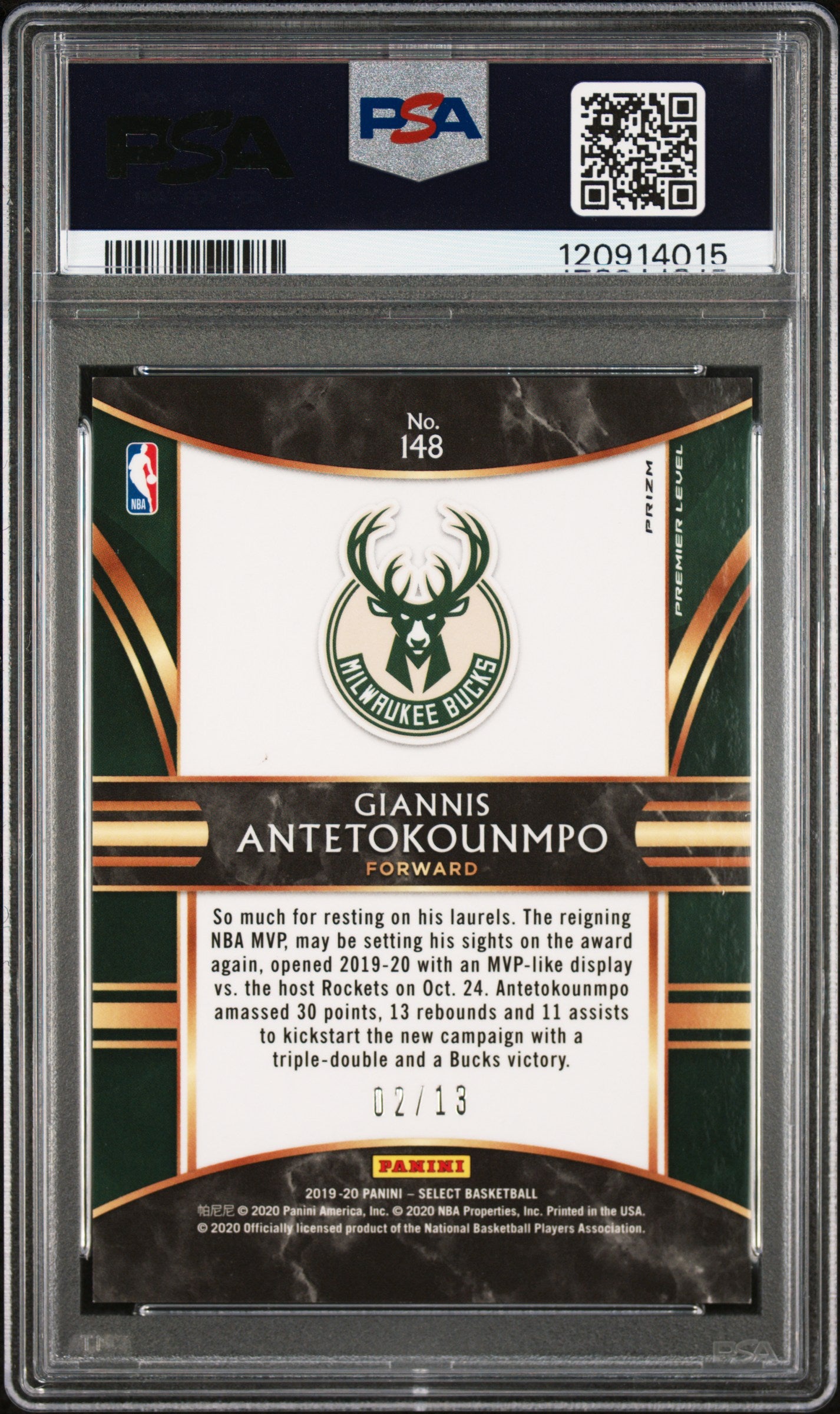 G.Antetokounmpo 2019 Panini Select #148 Neon Orange Pulsar Prizm PSA 9