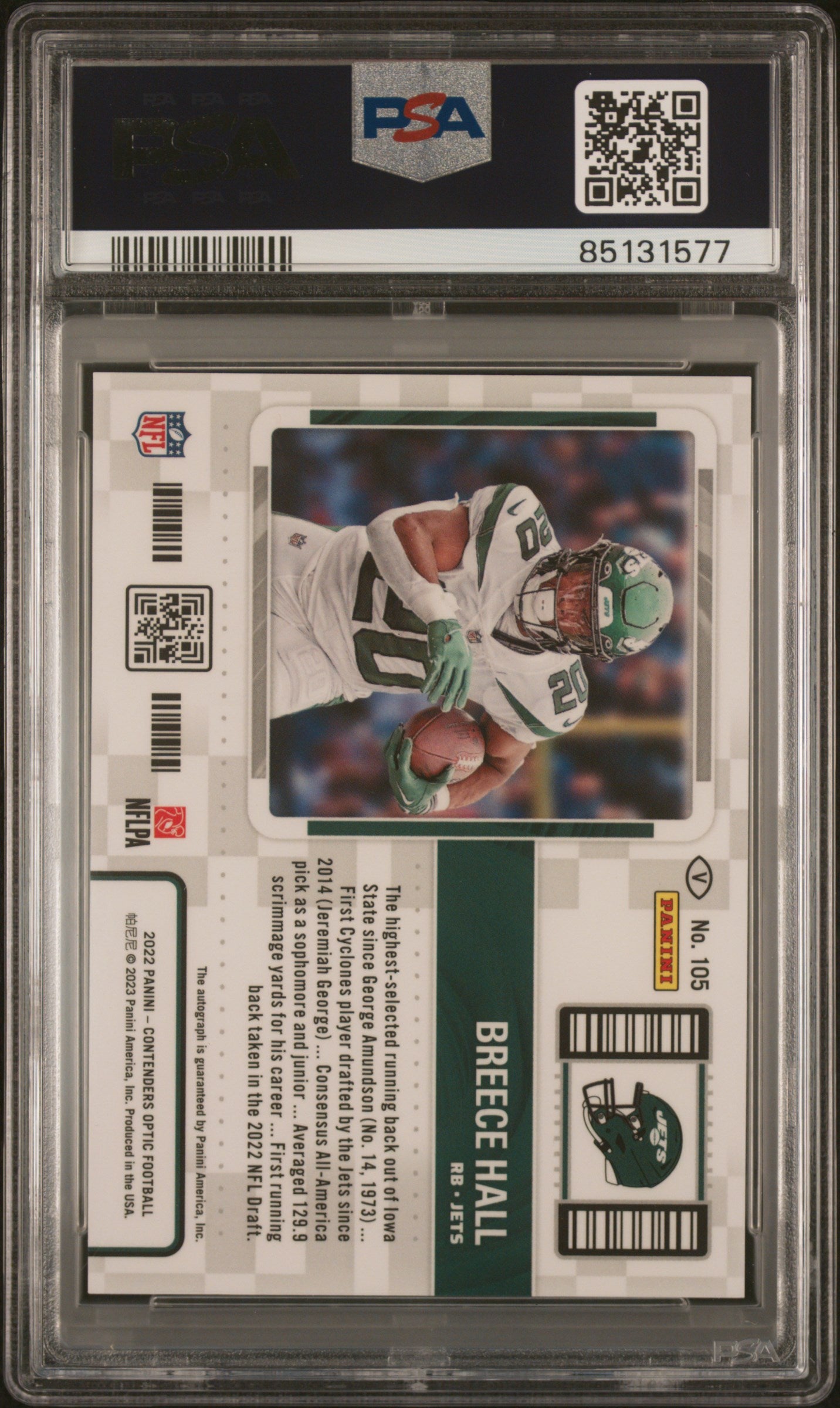 Breece Hall 2022 Panini Contenders Optic #105 Variation-Autograph PSA 10