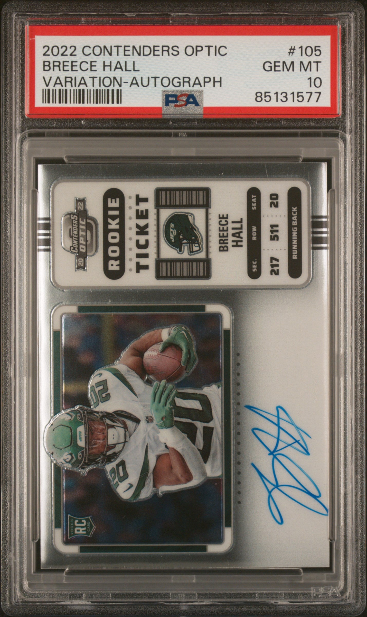 Breece Hall 2022 Panini Contenders Optic #105 Variation-Autograph PSA 10
