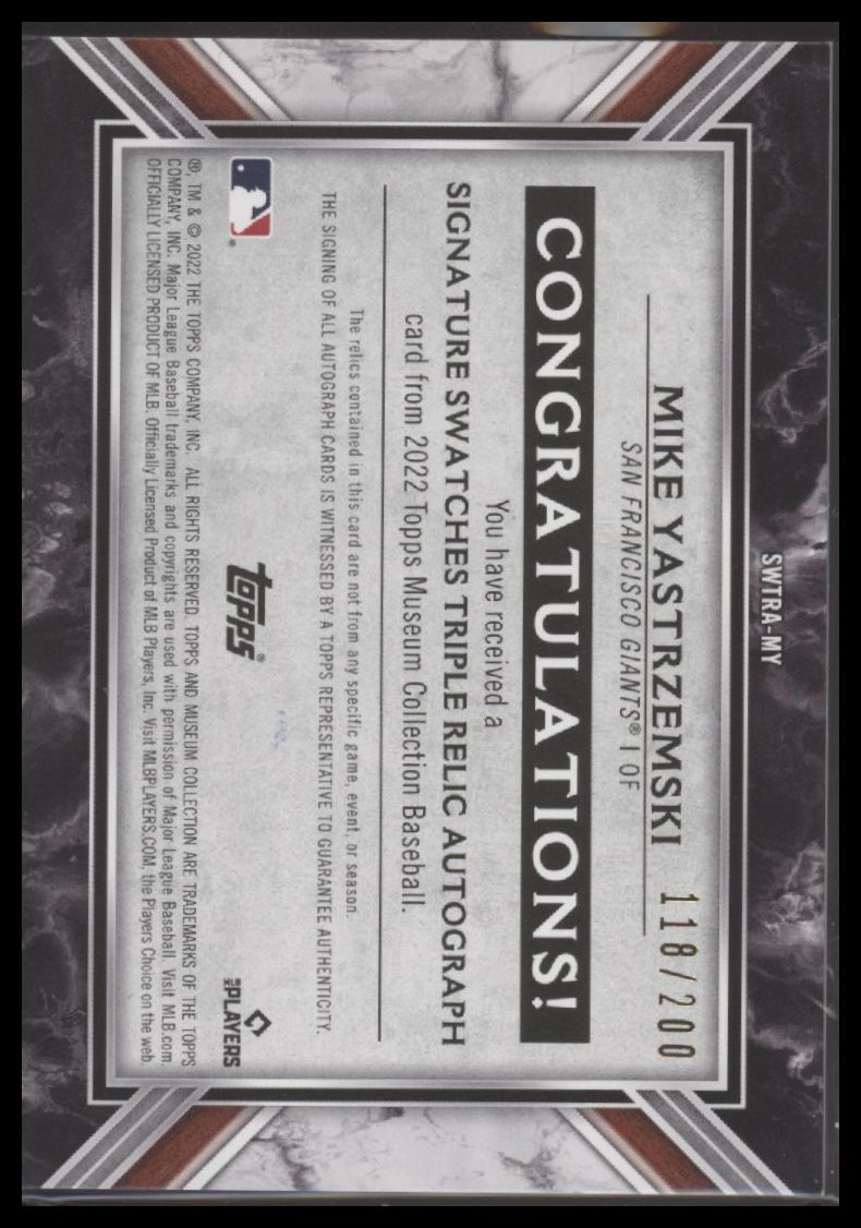 Mike Yastrzemski 2022 Topps Museum #SWTRA-MY Auto Triple Relic Autographs /200