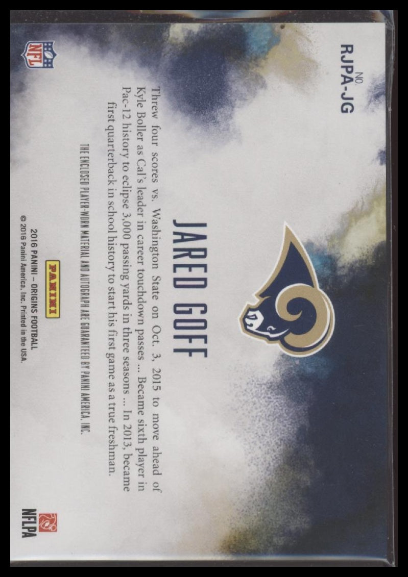Jared Goff 2016 Panini Origins #RJPA-JG Rookie Jumbo Patch Autographs Blue #/49