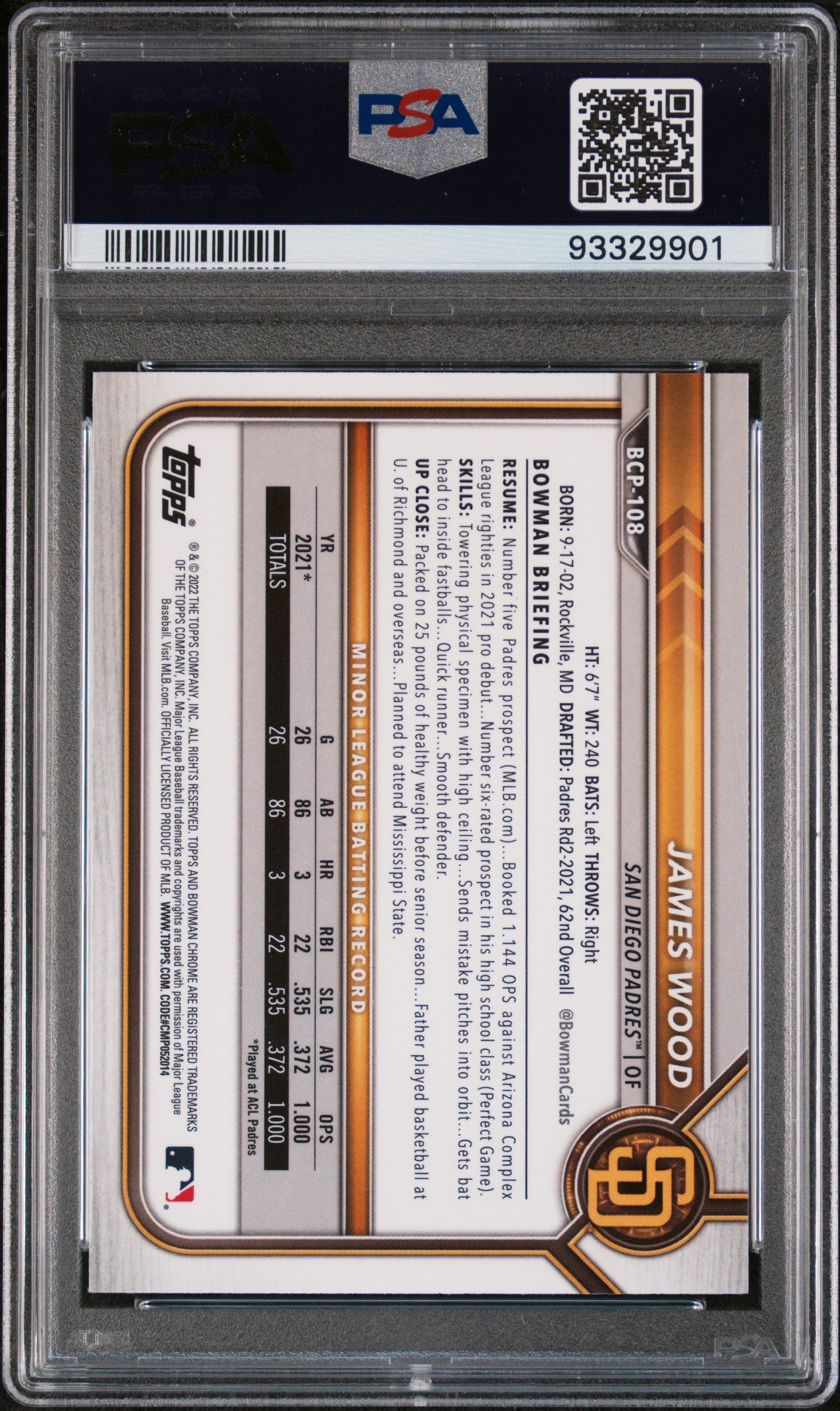 James Wood 2022 Bowman Mega Box Chrome #108 Chrome PSA 9