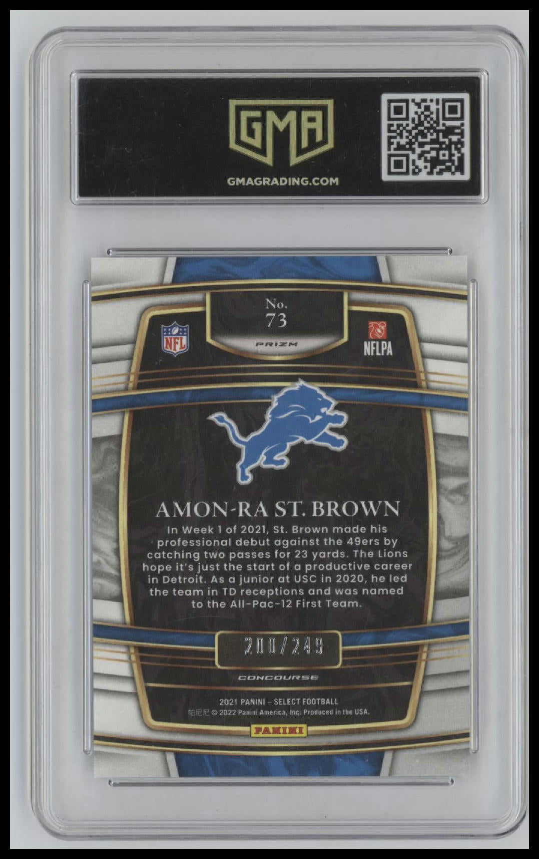 Amon-Ra St. Brown 2021 Panini Select #73 Tri-Color Prizm GMA 10 /249