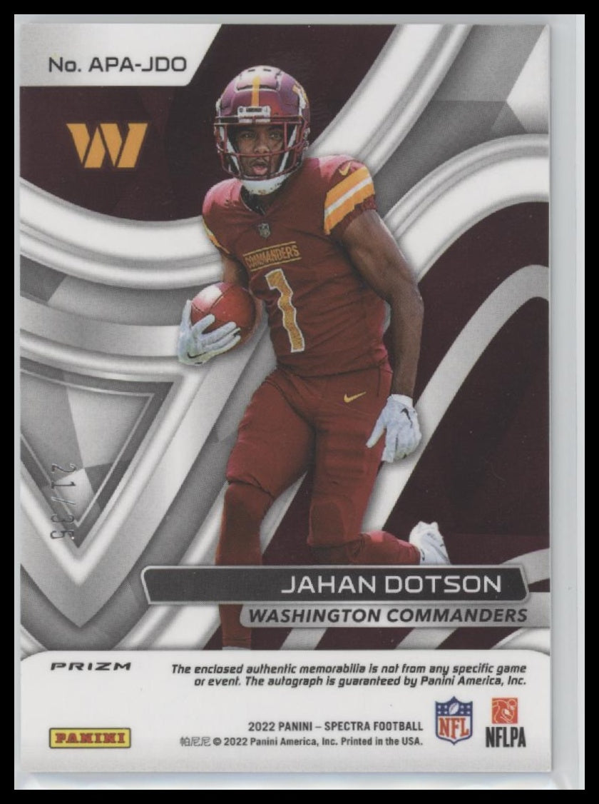 Jahan Dotson 2022 Panini Spectra #APA-JDO Patch Autographs Neon Green #/35