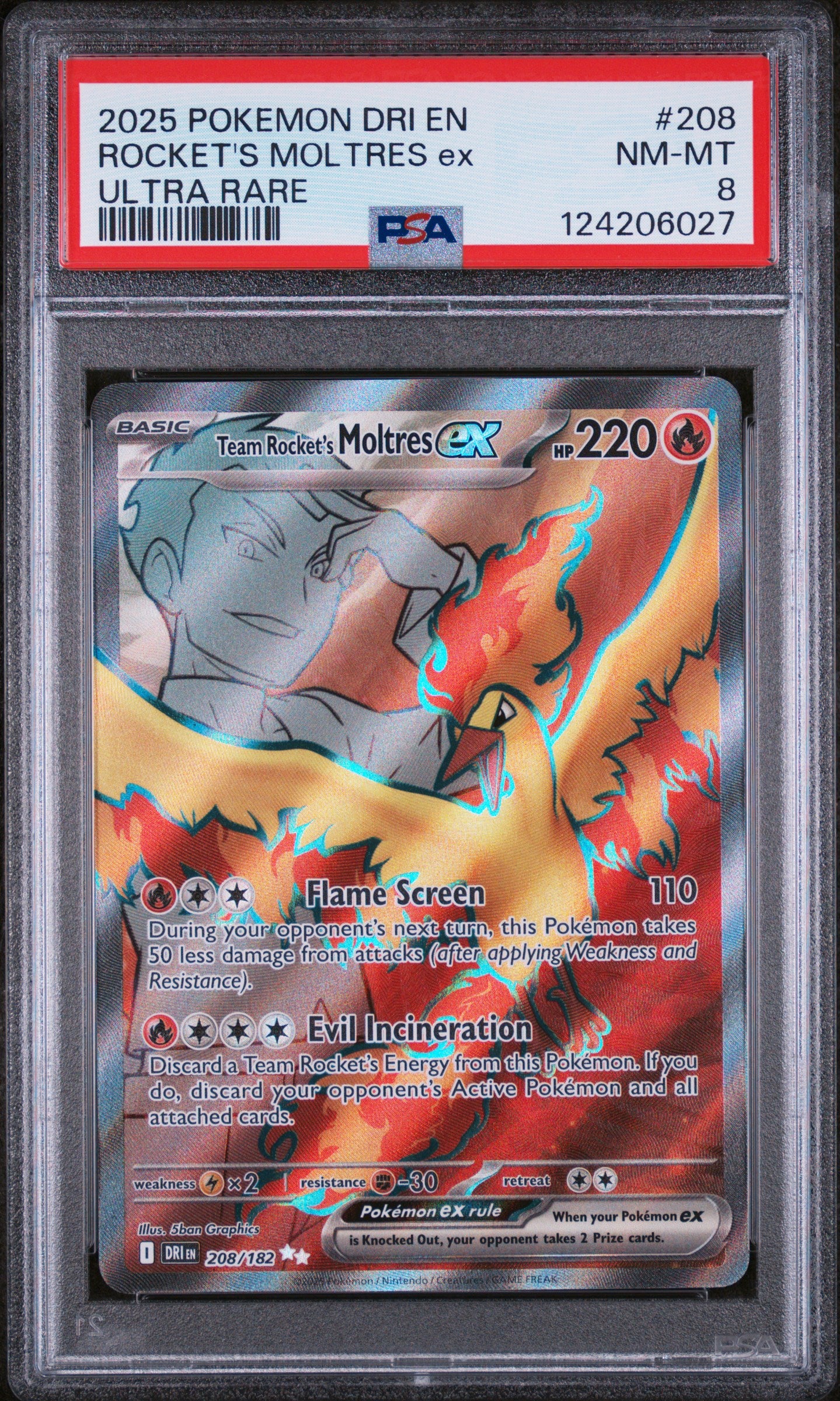 Rocket'S Moltres Ex 2025 Pokemon Dri En-Destined Rivals #208 Ultra Rare PSA 8