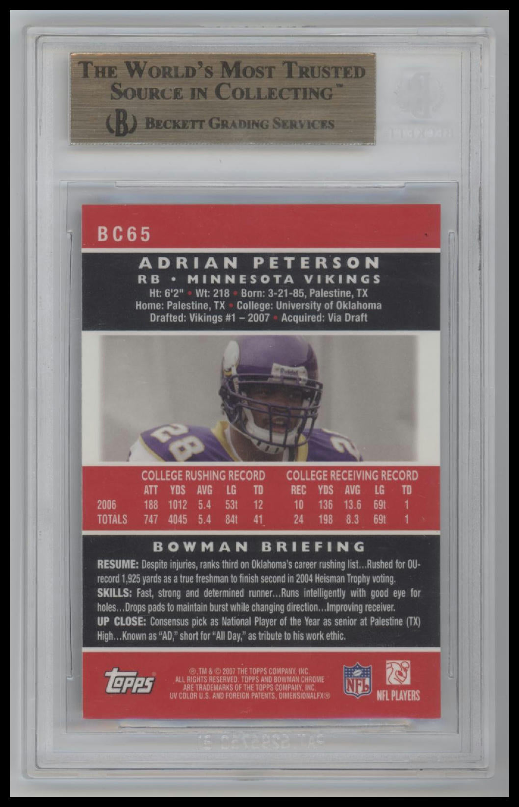 Adrian Peterson 2007 Bowman Chrome #BC65 BGS 9.5