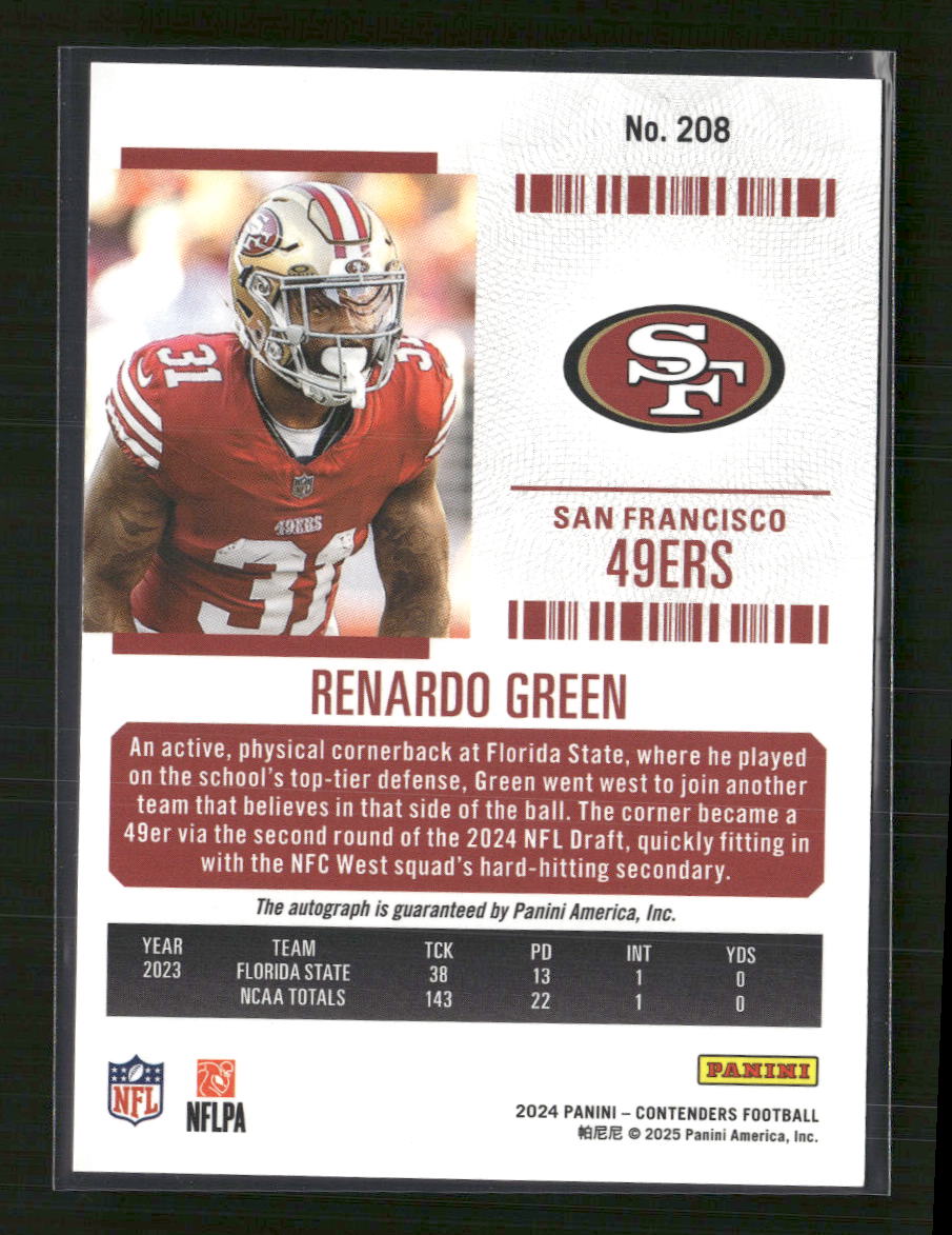 Renardo Green 2024 Panini Contenders #208 Rookie Ticket Blue Auto
