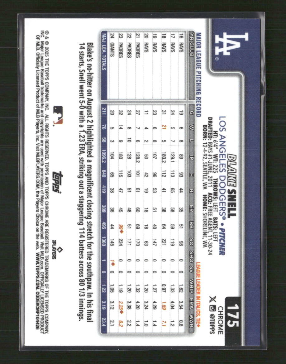 Blake Snell 2025 Topps Chrome Logofractor Edition #175 Blue Refractors
