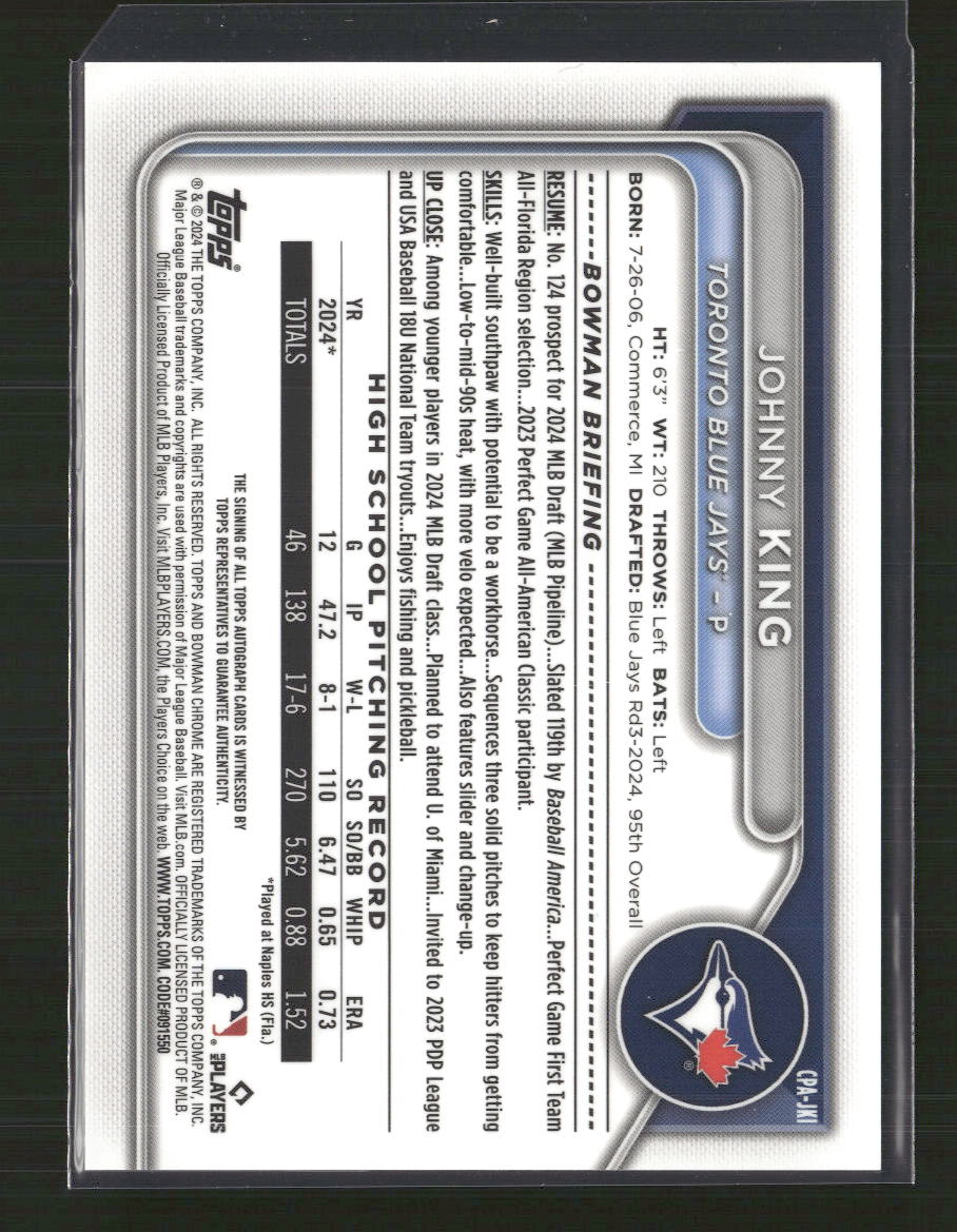 Johnny King 2024 Bowman Draft #CPA-JKI Chrome Prospect Autographs Refractor