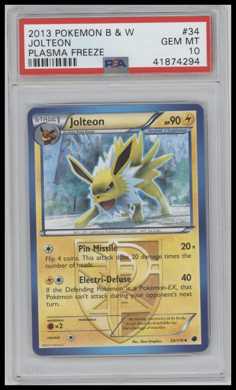 Jolteon 2013 Pokemon Black & White Plasma Freeze #34 Plasma Freeze PSA 10