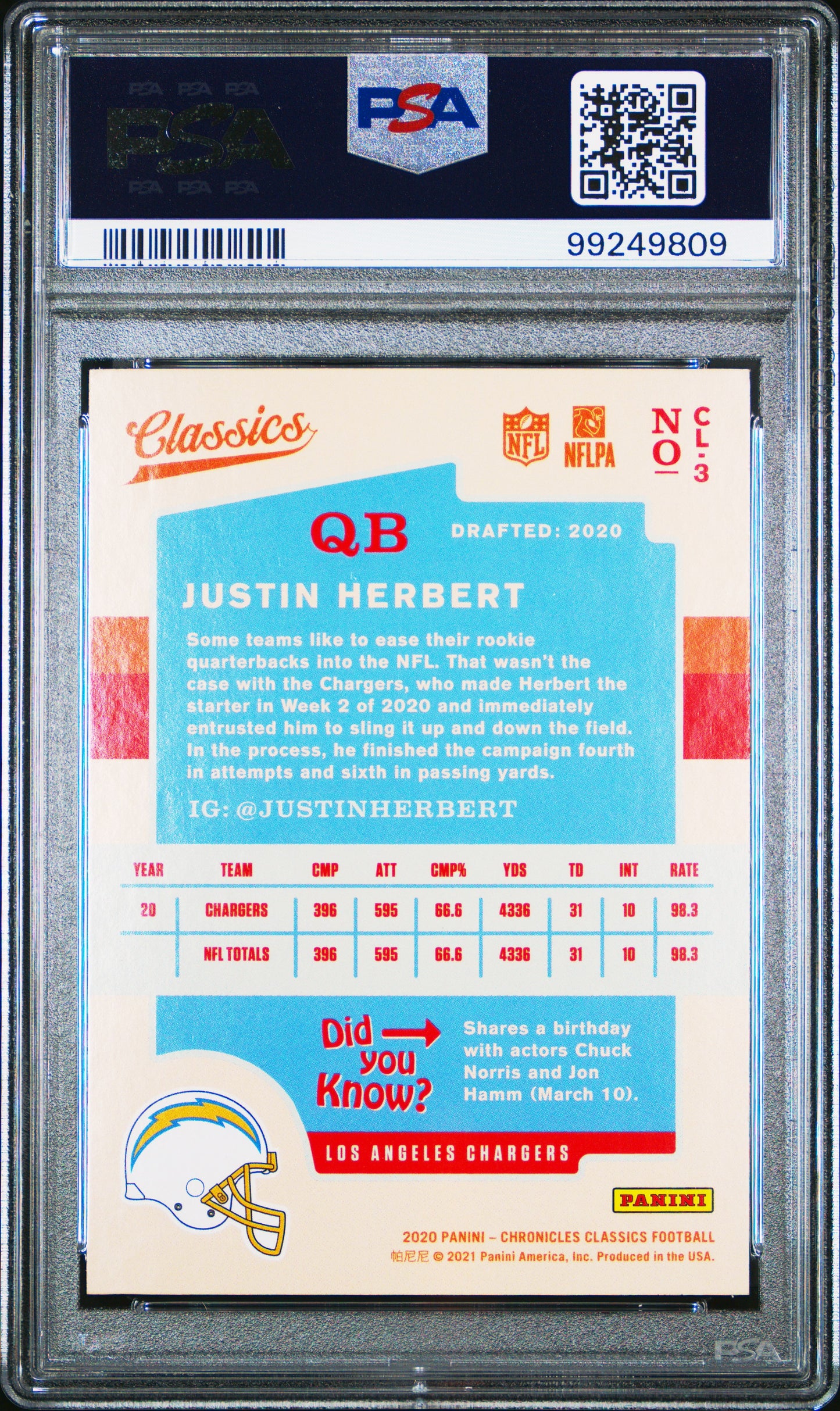Justin Herbert 2020 Panini Chronicles Classics #3 Classics PSA 8