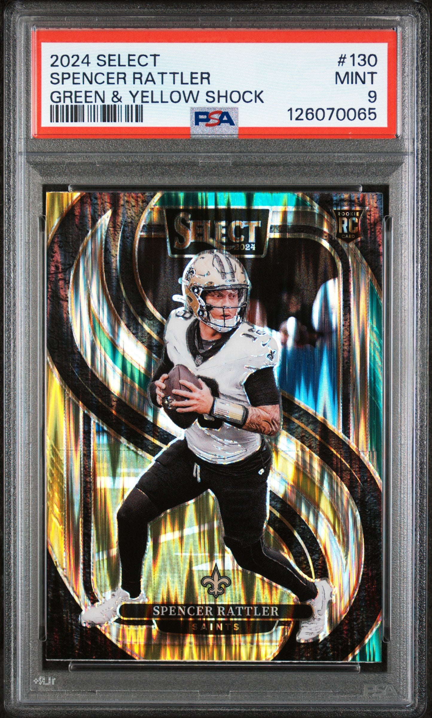 Spencer Rattler 2024 Panini Select #130 Green & Yellow Shock PSA 9