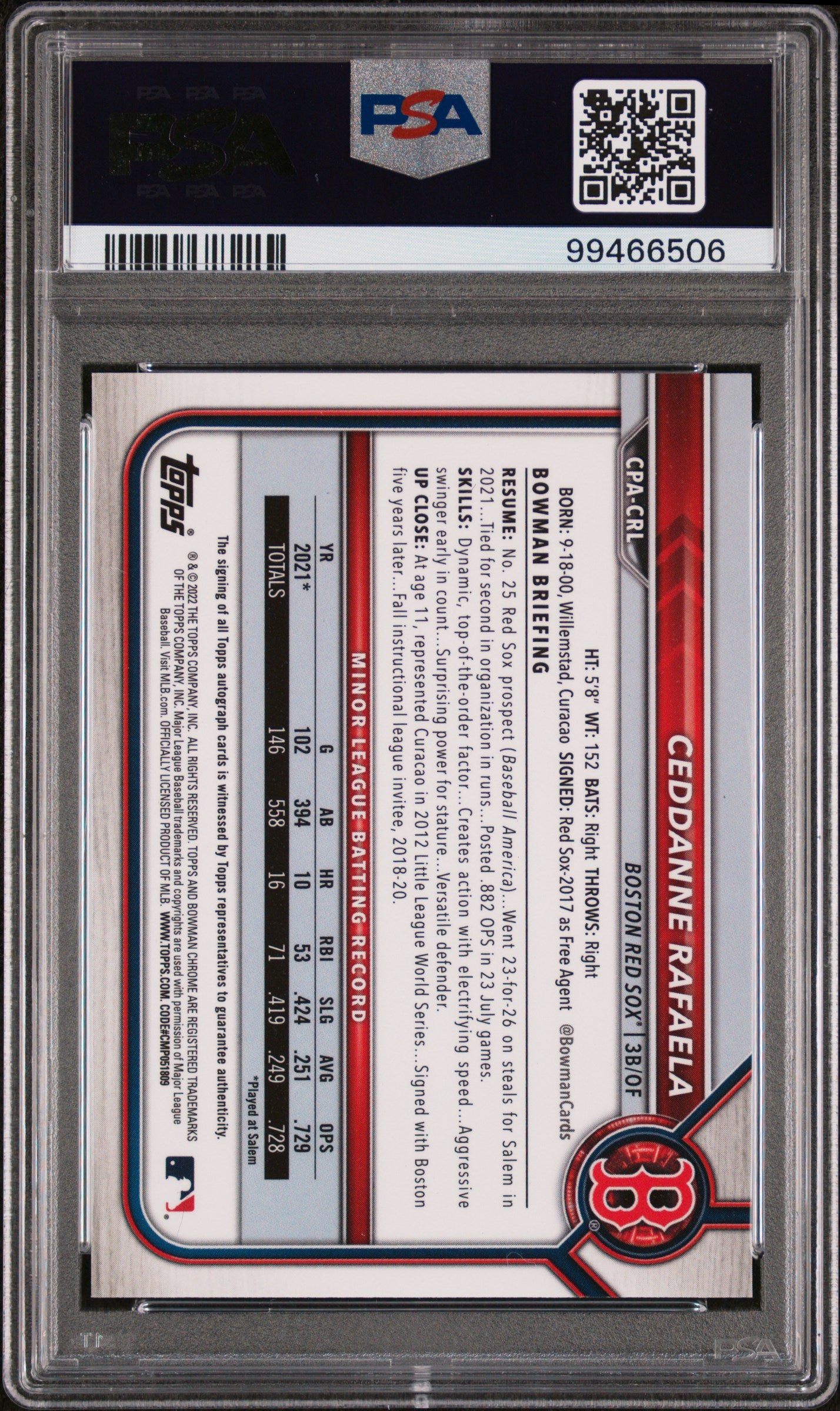 Ceddanne Rafaela 2022 Bowman Chrome Prospect Autographs #CPACRL PSA 9