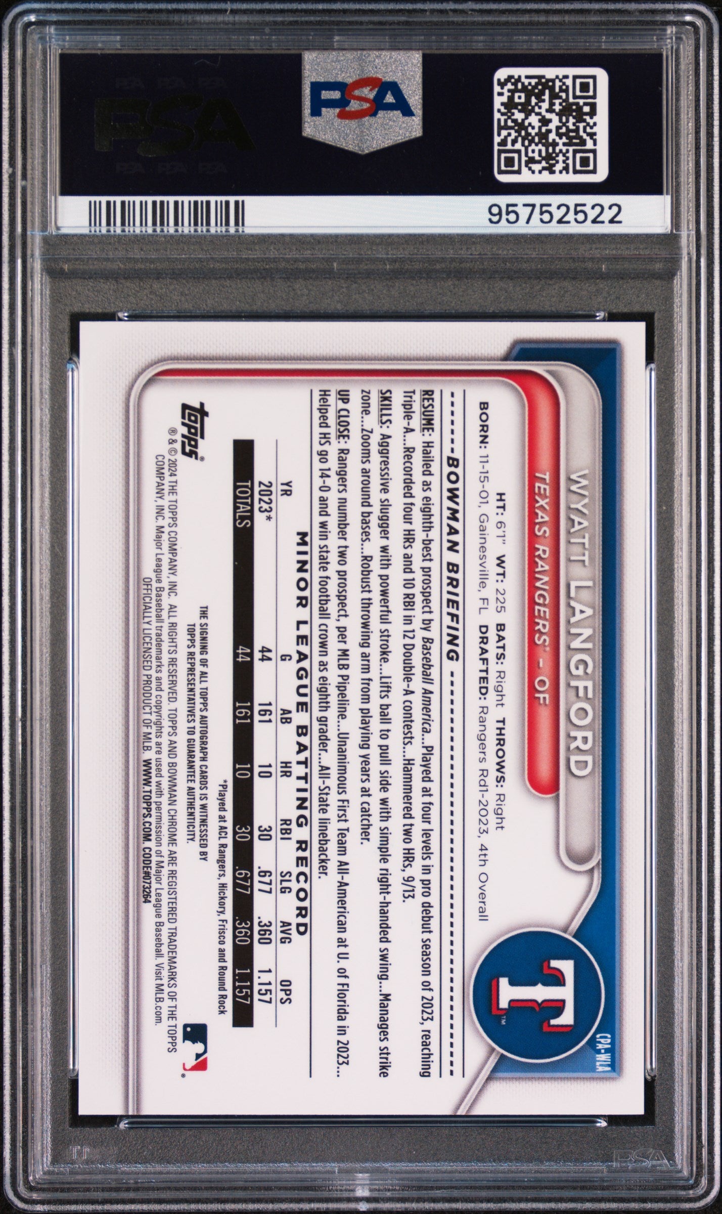 Wyatt Langford 2024 Bowman Chrome Prospect Autographs #CPAWLA Blue Ref PSA 8