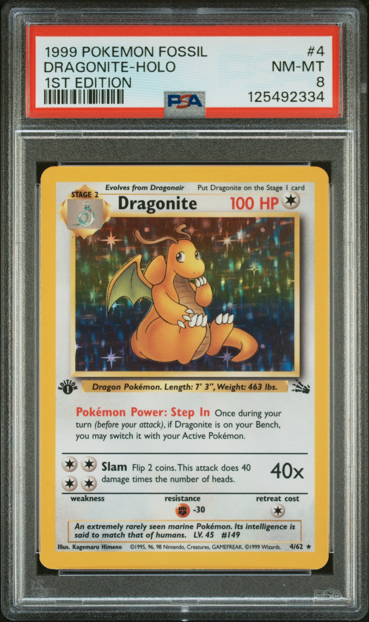 Dragonite-Holo 1999 Pokemon Fossil #4 1st Edition PSA 8