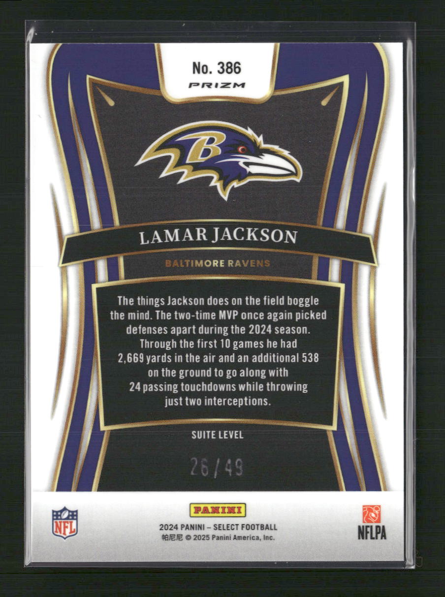 Lamar Jackson 2024 Panini Select #386 Red Disco Prism #/49