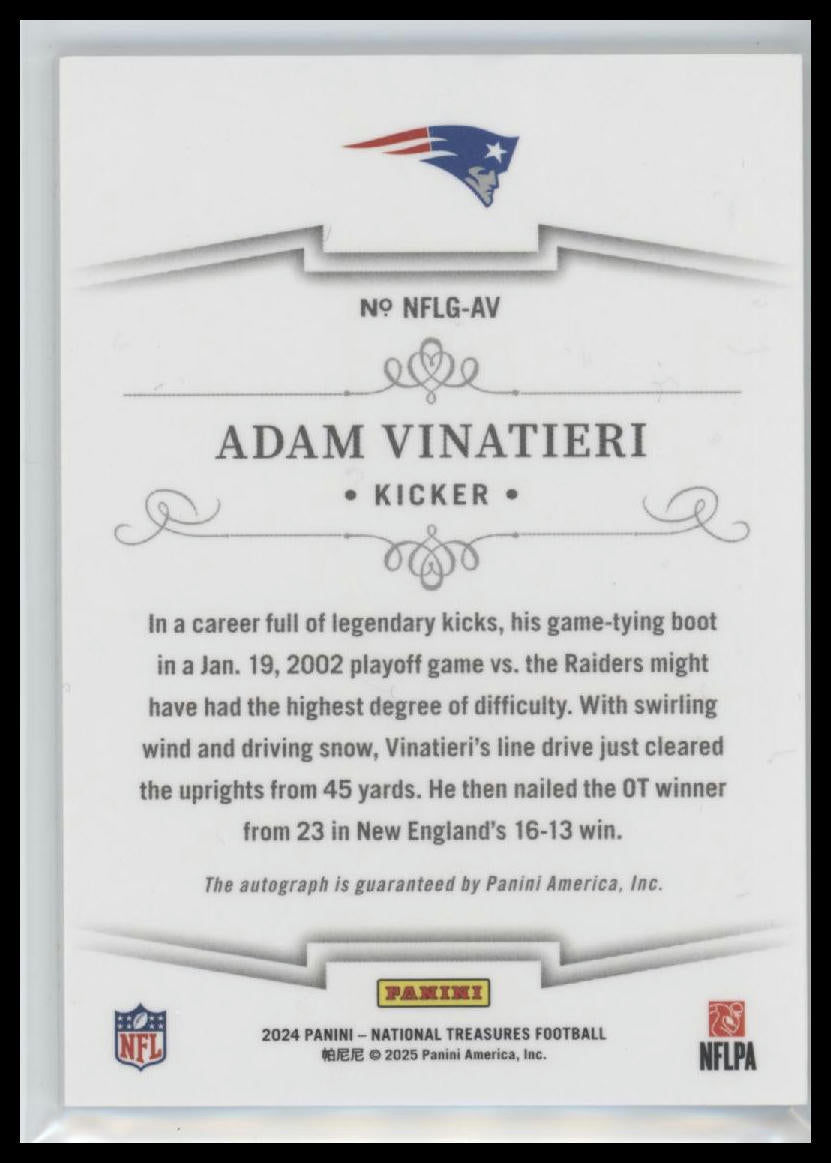 Adam Vinatieri 2024 Panini National Treasures #NFLG-AV Greatest Signatures #/99