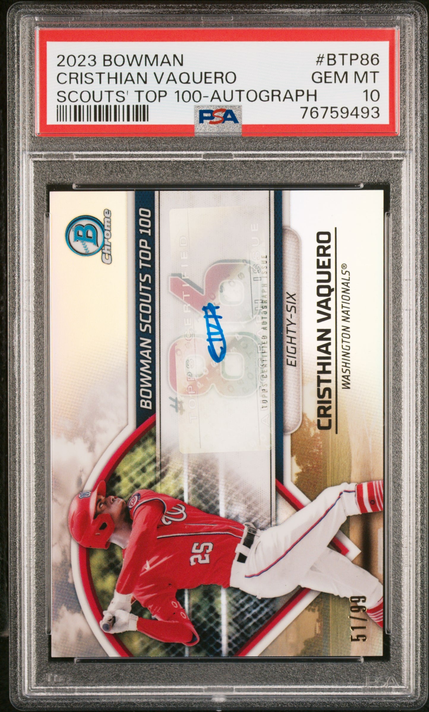 Cristhian Vaquero 2023 Bowman Scouts Top 100 #BTP86 Autograph PSA 10