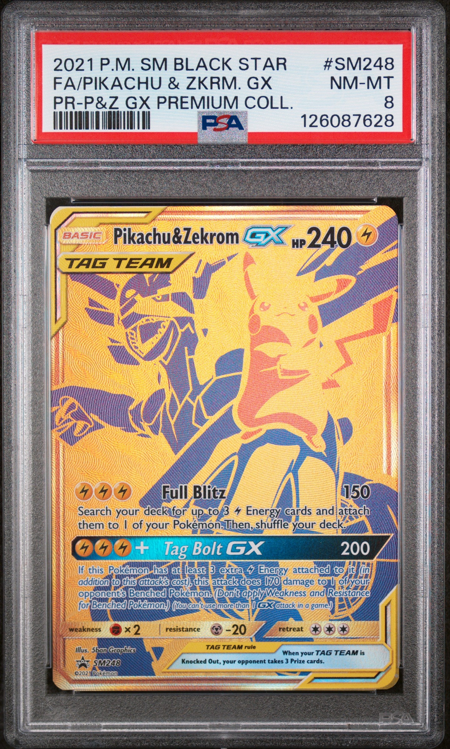 Fa/Pikachu & Zkrm. Gx 2021 #SM248 Pr-P&Z Gx Premium Coll. PSA 8
