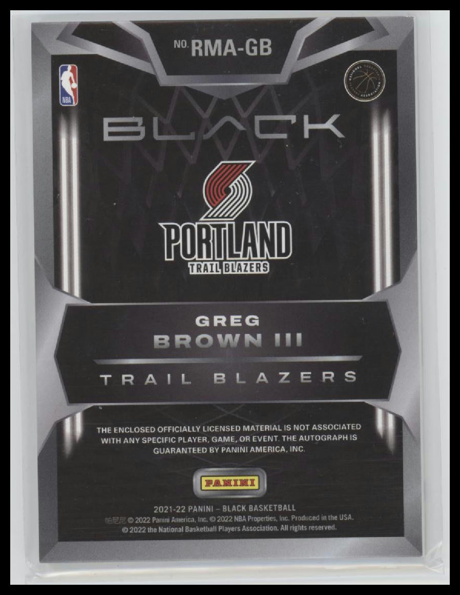 2021-22 Panini Black Rookie Memorabilia Auto Greg Brown III #/5 Auto #RMA-GB